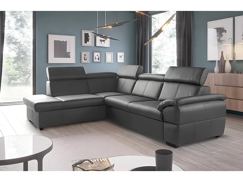 Canapé d'angle convertible en cuir italien de luxe 5/6 places TONY, avec coffre, gris foncé, angle gauche