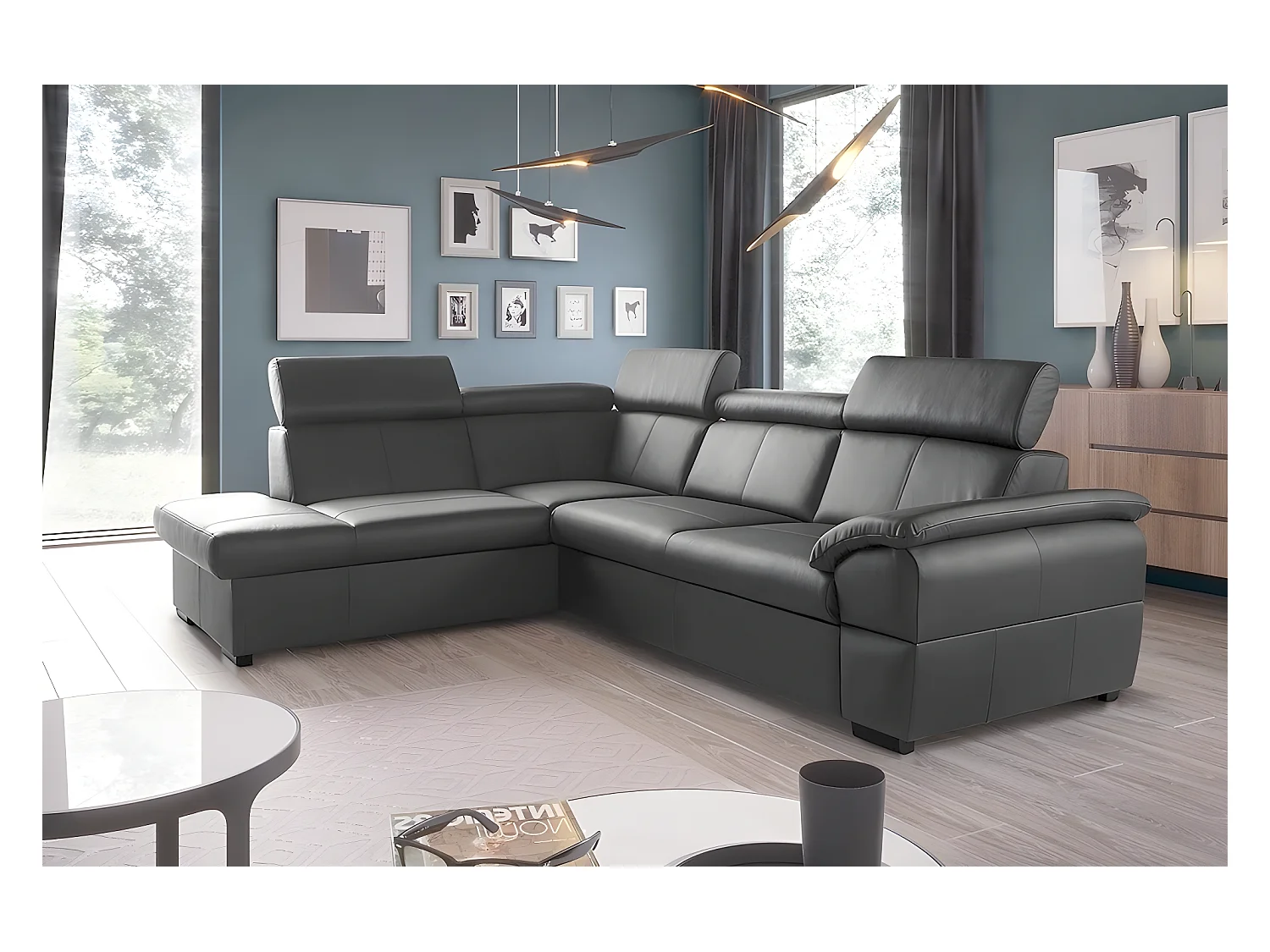 Canapé d'angle convertible en cuir italien de luxe 5/6 places TONY, avec coffre, gris foncé, angle gauche