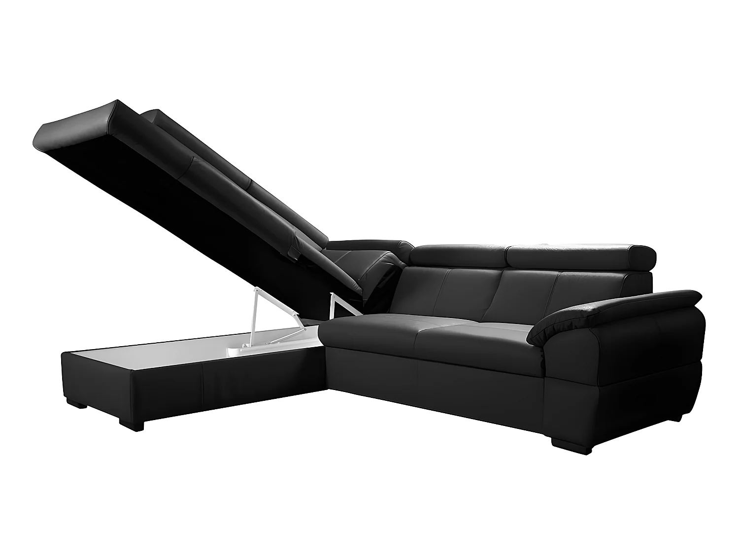 Canapé d'angle convertible en cuir italien de luxe 5/6 places TONY, avec coffre, noir, angle gauche