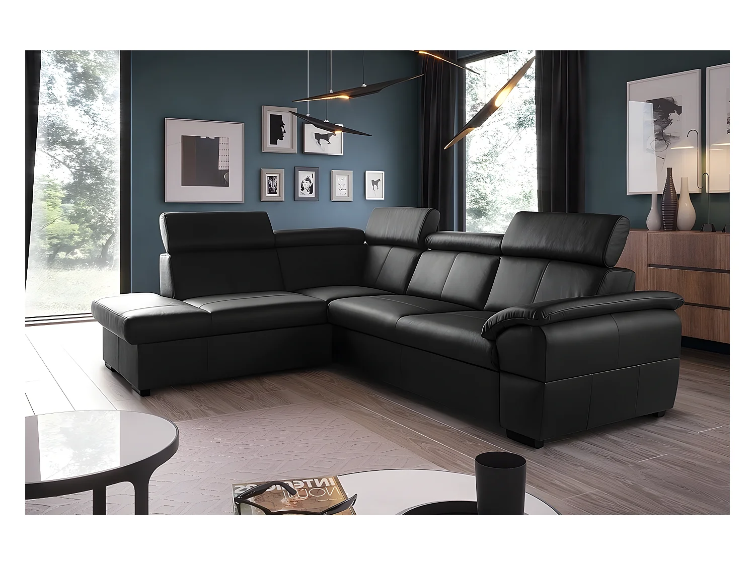Hoekbank van luxe Italiaans leer voor 5/6 personen TONY met opbergruimte, zwarte linkerhoek