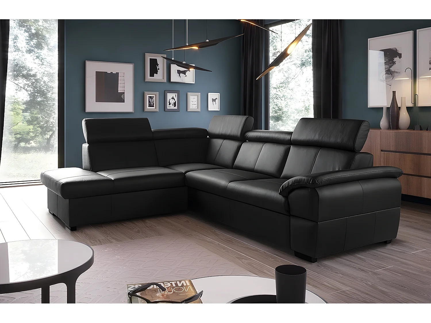 Canapé d'angle convertible en cuir italien de luxe 5/6 places TONY, avec coffre, noir, angle gauche