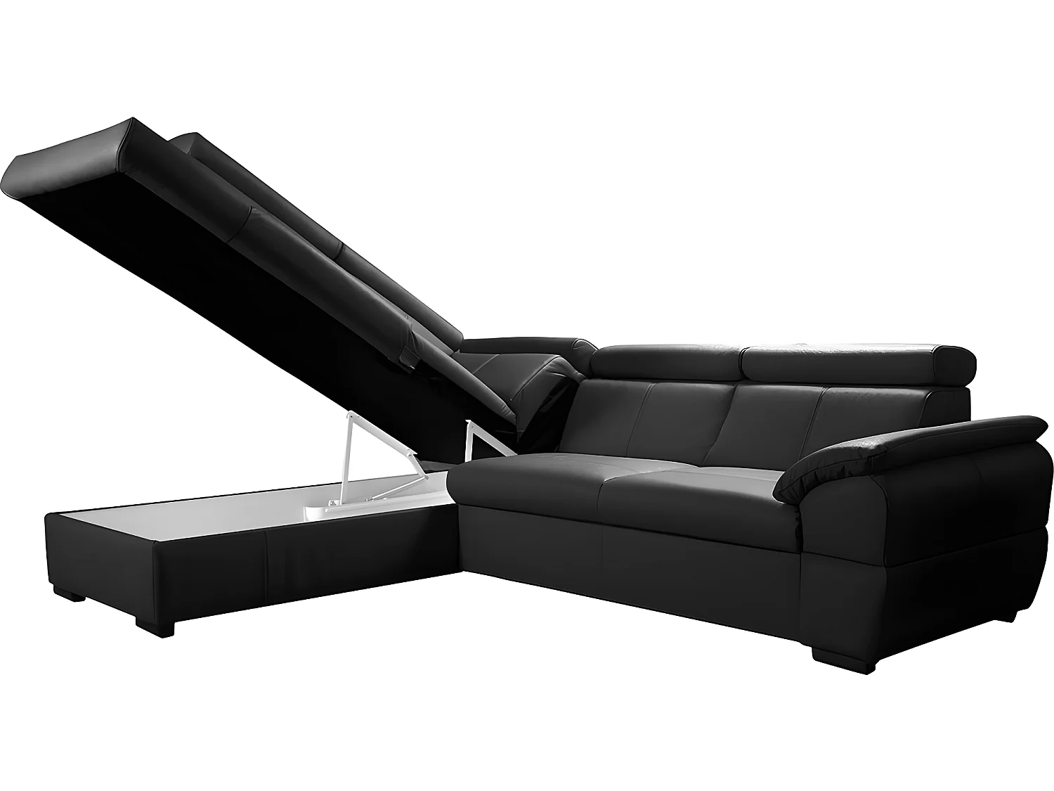 Canapé d'angle convertible en cuir italien de luxe 5/6 places TONY, avec coffre, noir, angle gauche