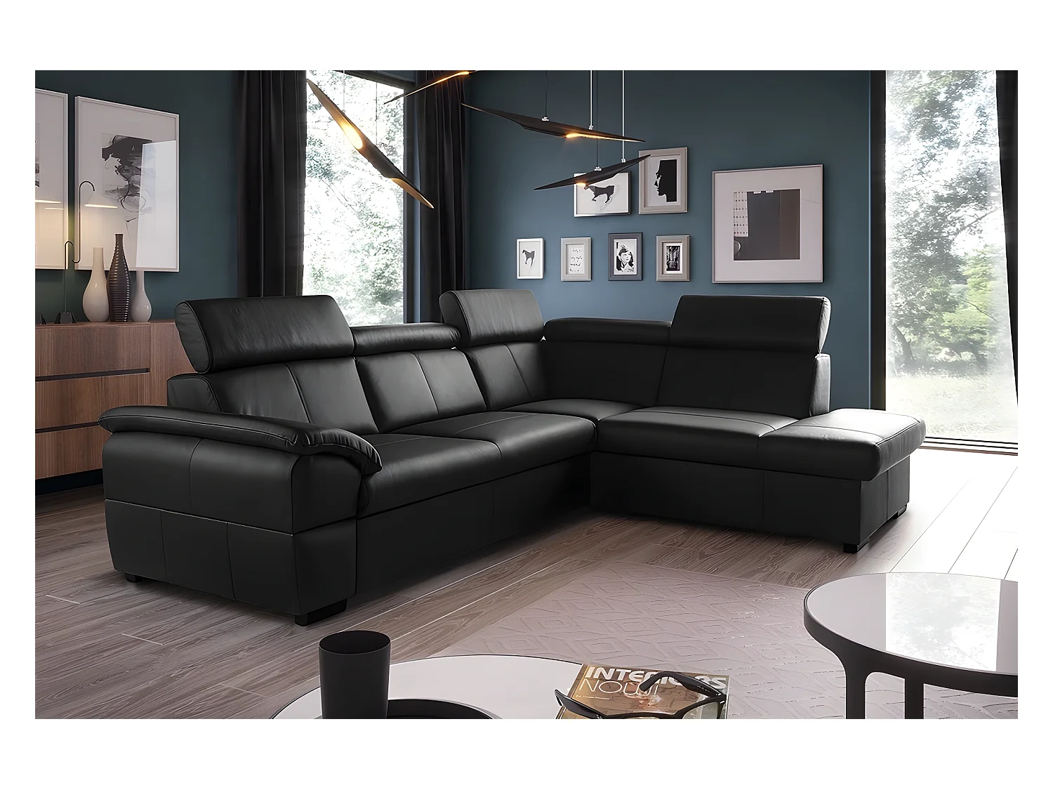 Canapé d'angle convertible en cuir italien de luxe 5/6 places TONY, avec coffre, noir, angle droit