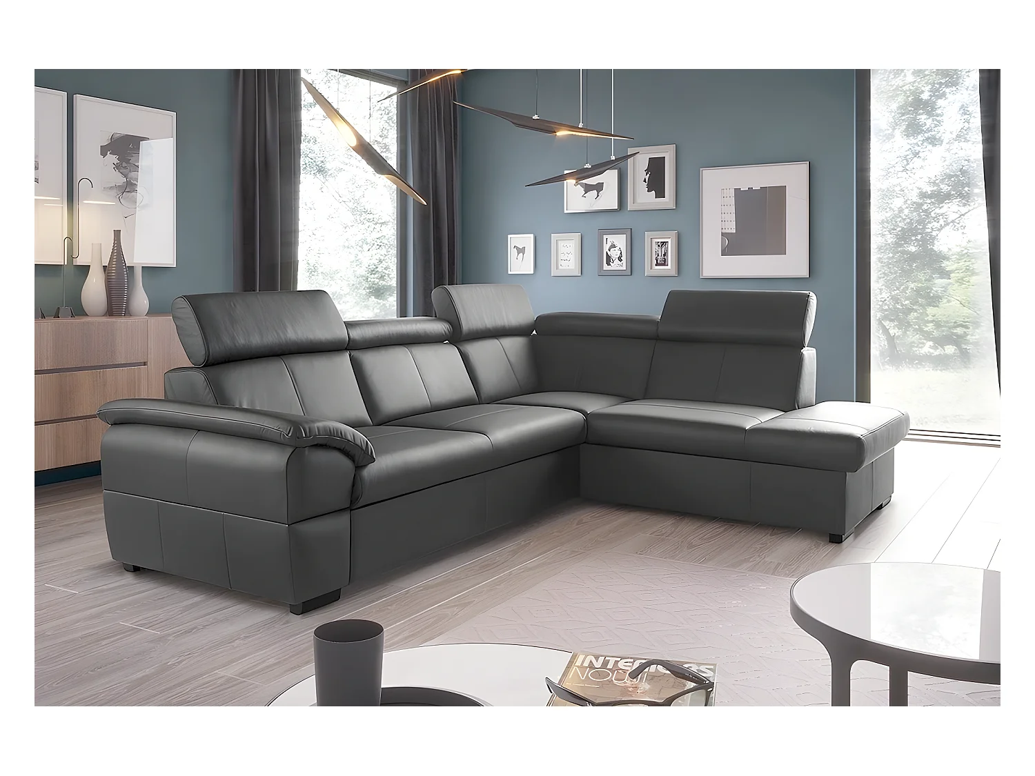 Canapé d'angle convertible en cuir italien de luxe 5/6 places TONY, avec coffre, gris foncé, angle droit