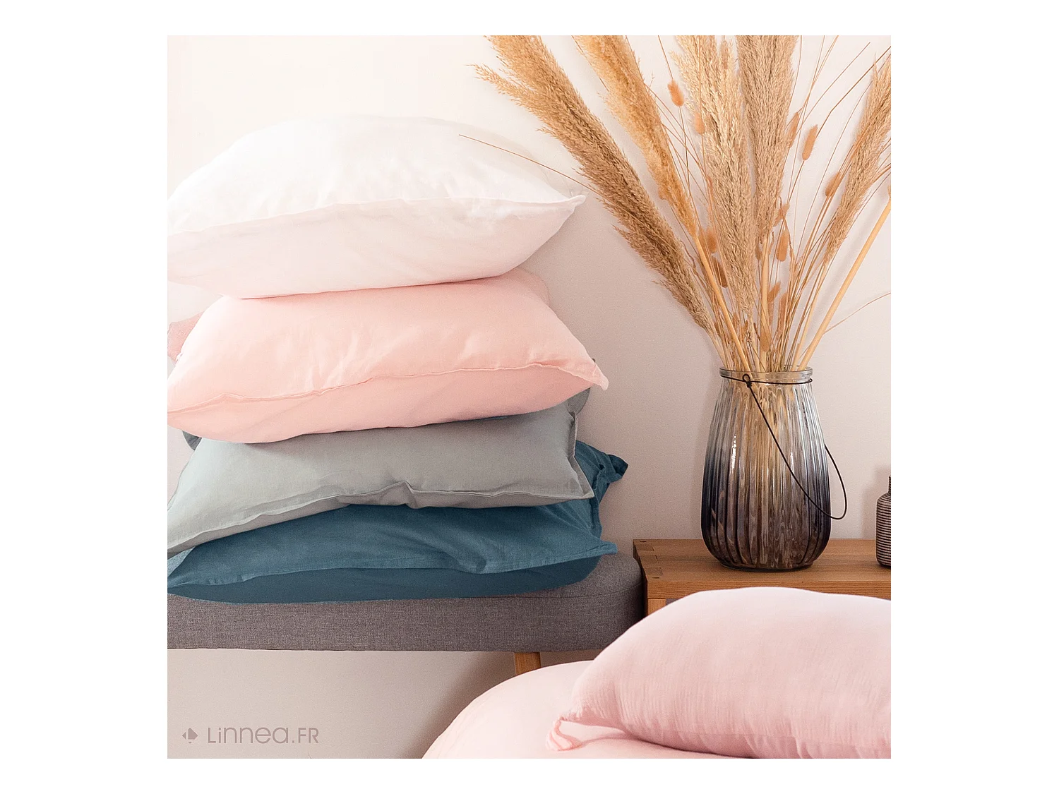 Drap housse 160x200 cm coton lavé LINO rose nude