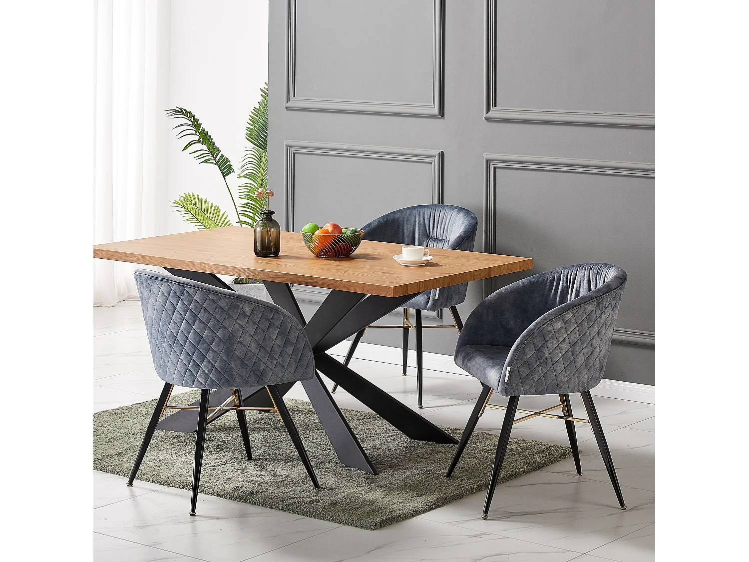 VITTORIO DUKE - Ensemble Table à Manger Coloris Chêne + 4 Chaises en Velours Grises - Style Contemporain