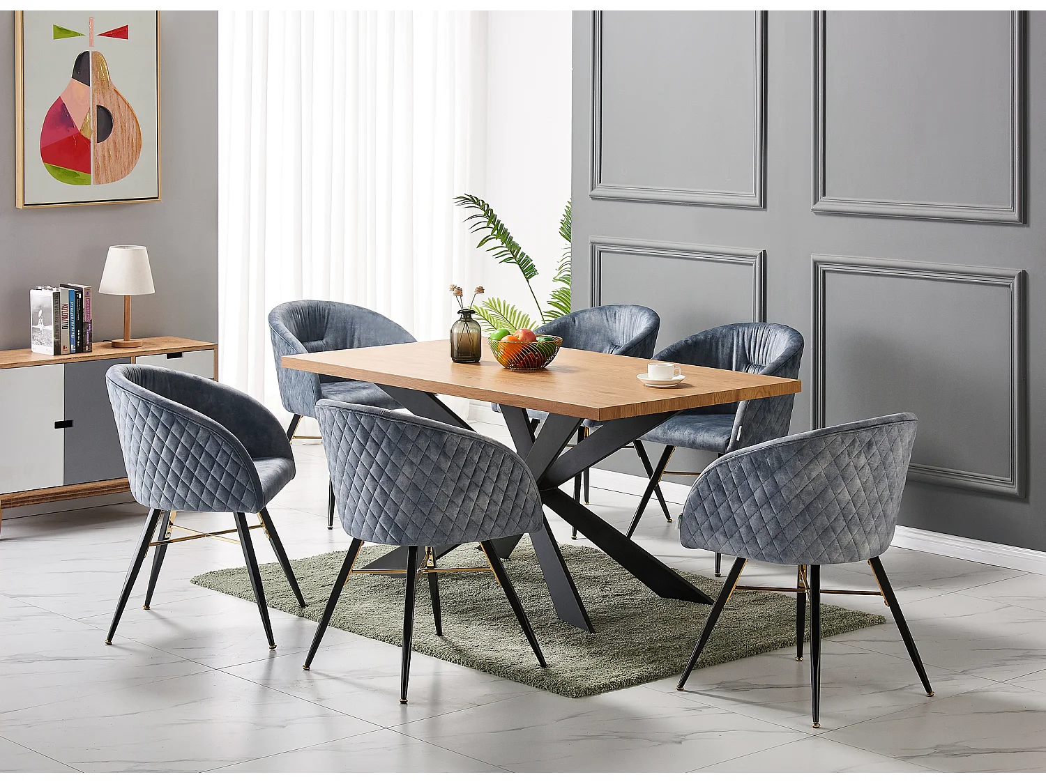 VITTORIO DUKE - Ensemble Table à Manger Coloris Chêne + 4 Chaises en Velours Grises - Style Contemporain