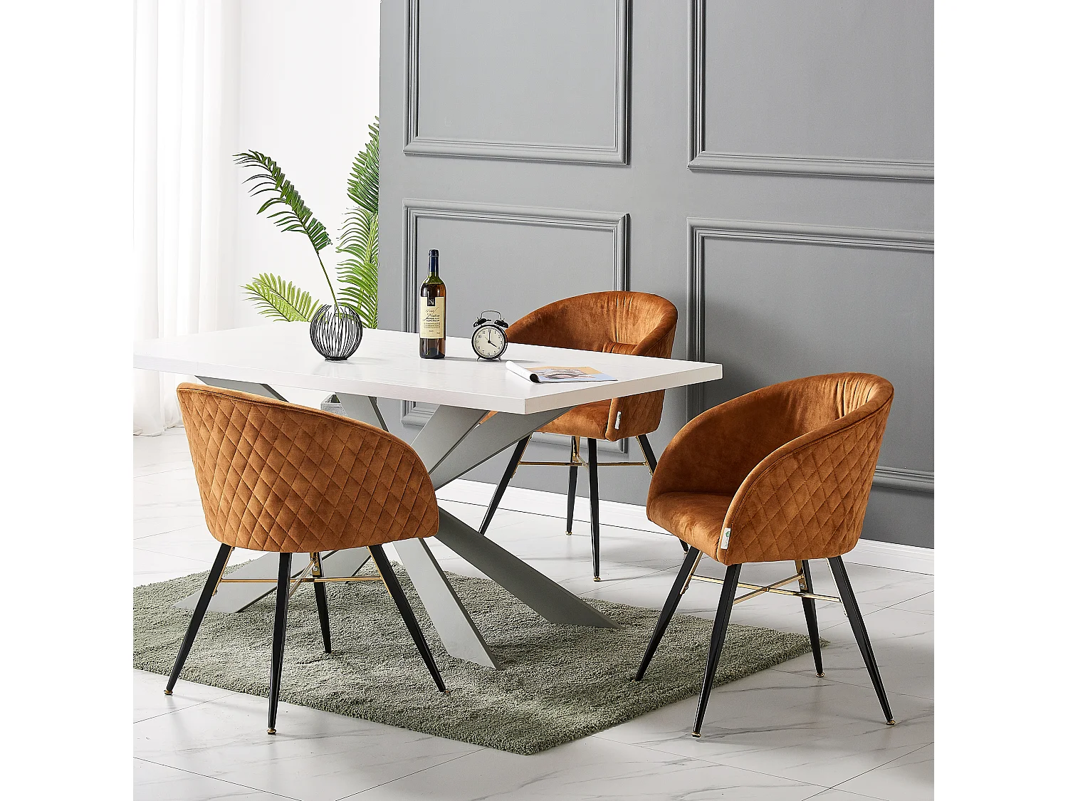 VITTORIO DUKE - Ensemble Table à Manger Blanche + 4 Chaises en Velours Marron - Style Contemporain