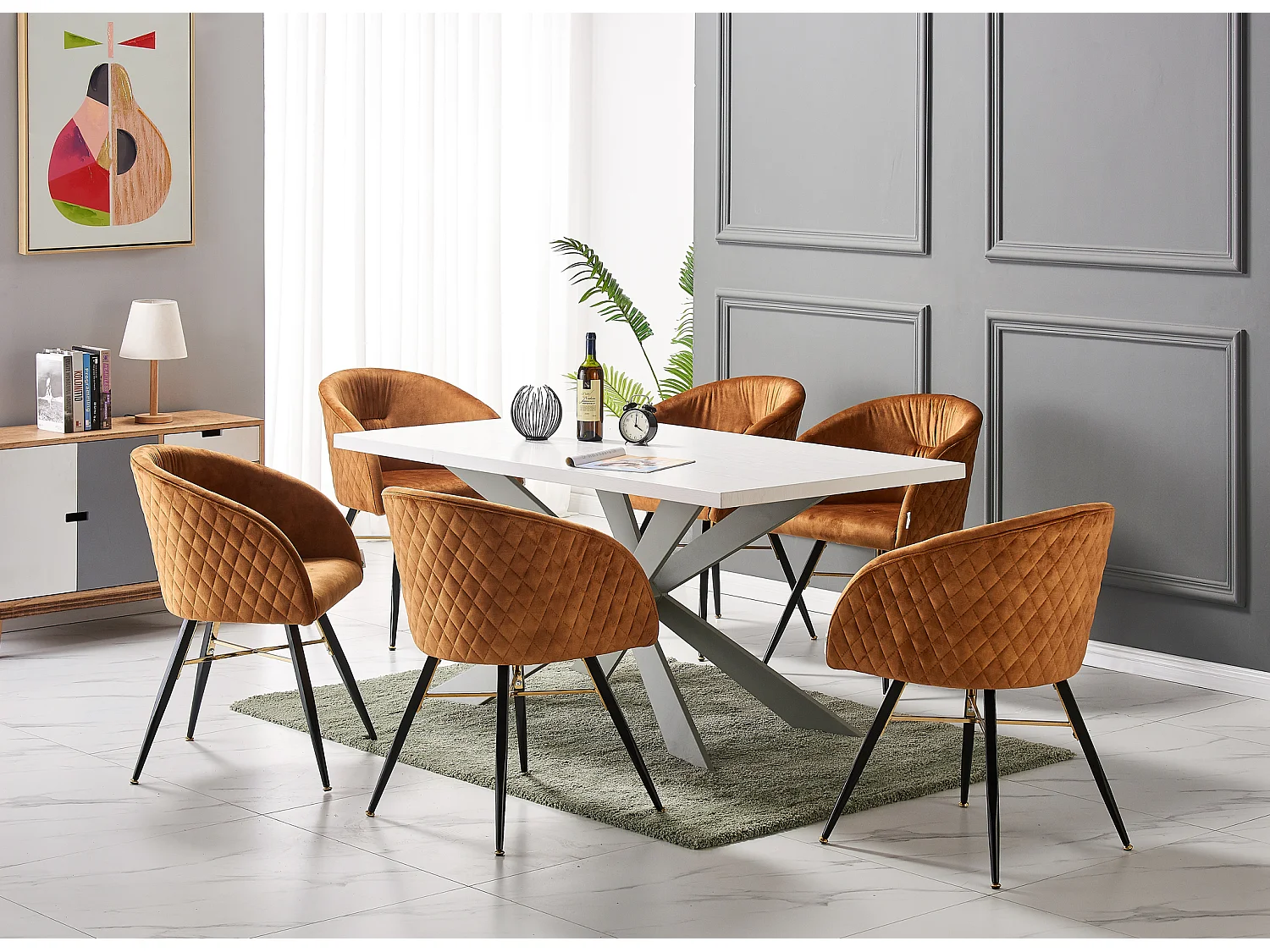 VITTORIO DUKE - Ensemble Table à Manger Blanche + 4 Chaises en Velours Marron - Style Contemporain