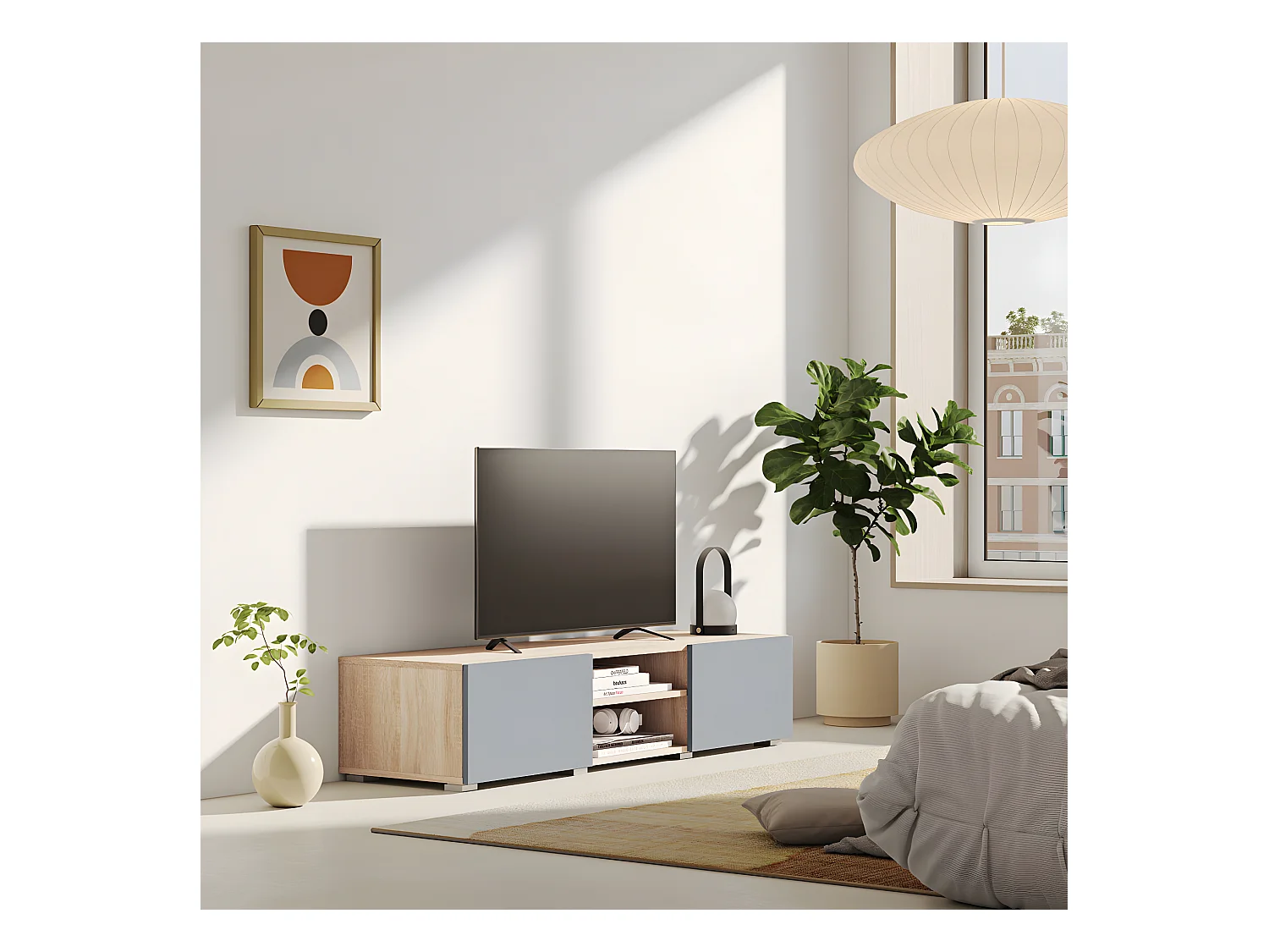 Meuble TV PODIUM 2 niches - chêne et gris céladon - TEMAHOME