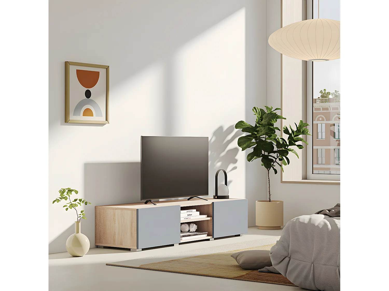 Meuble TV PODIUM 2 niches - chêne et gris céladon - TEMAHOME