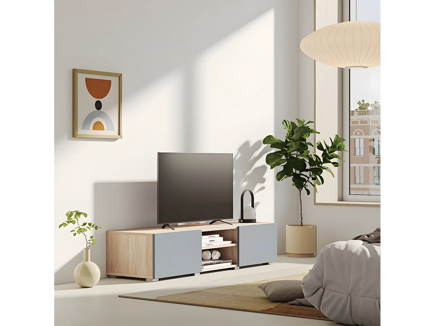 Meuble TV PODIUM 2 niches - chêne et gris céladon - TEMAHOME