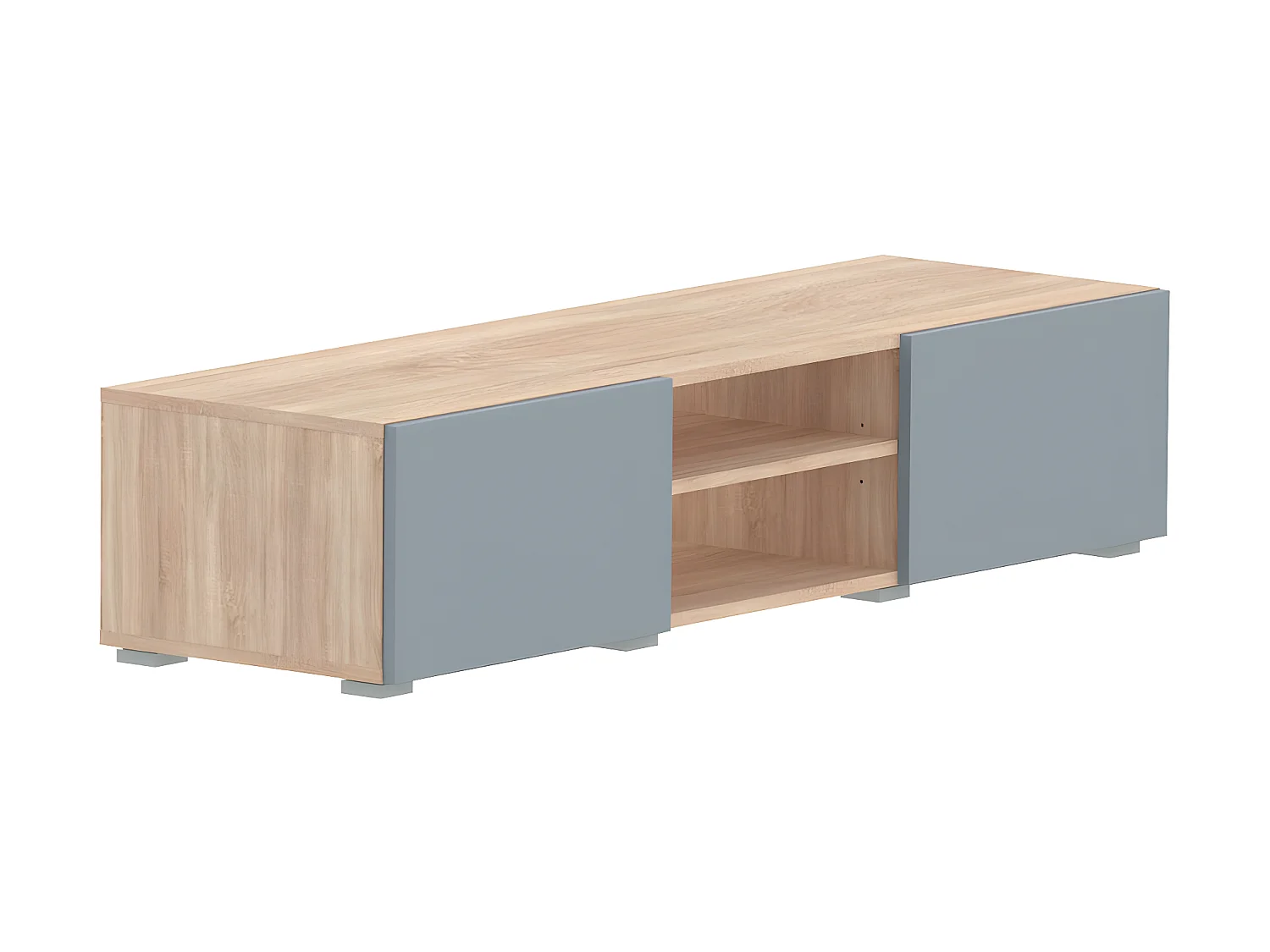 Meuble TV PODIUM 2 niches - chêne et gris céladon - TEMAHOME