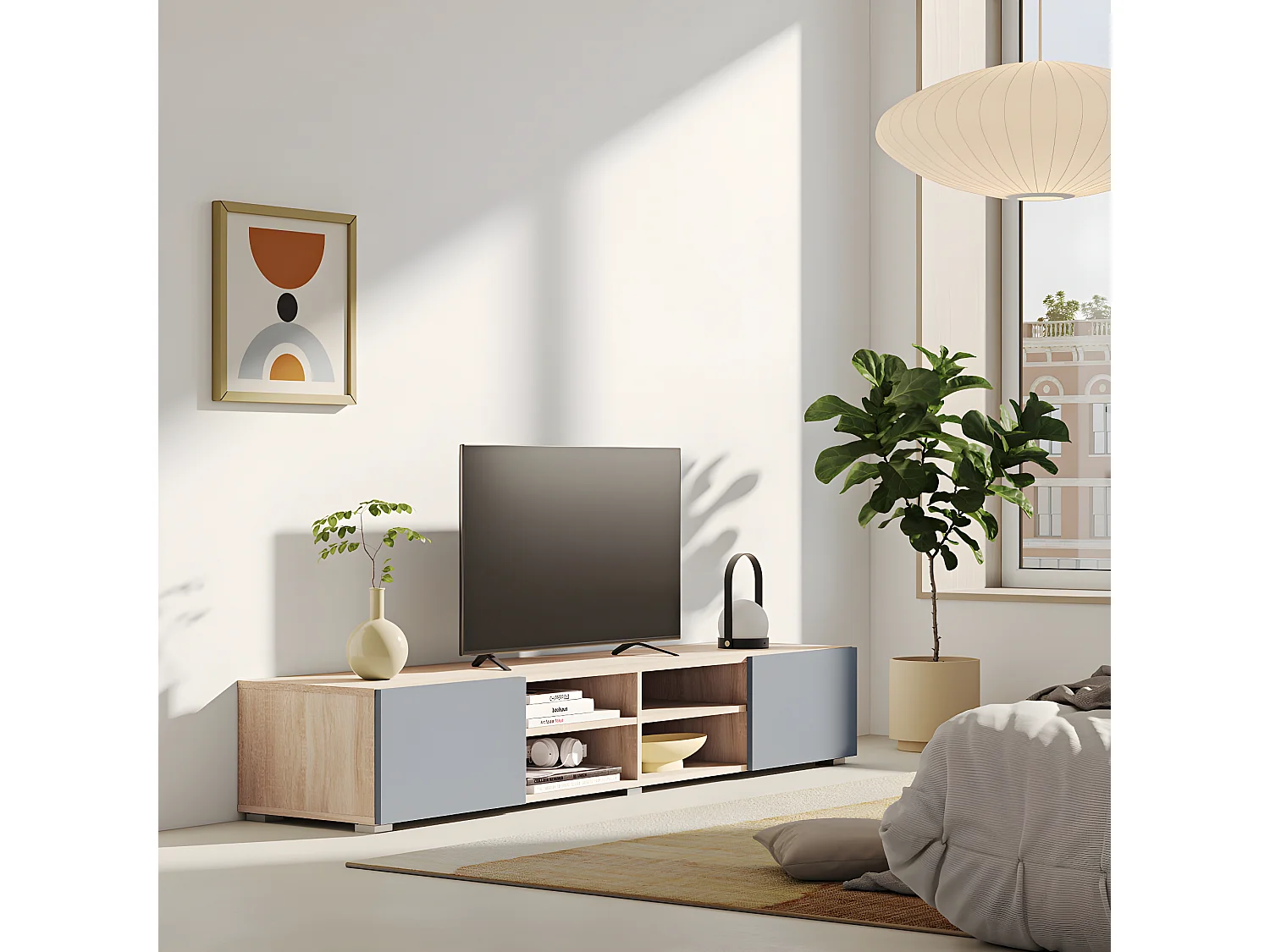 Meuble TV PODIUM 4 niches - chêne et gris céladon - TEMAHOME