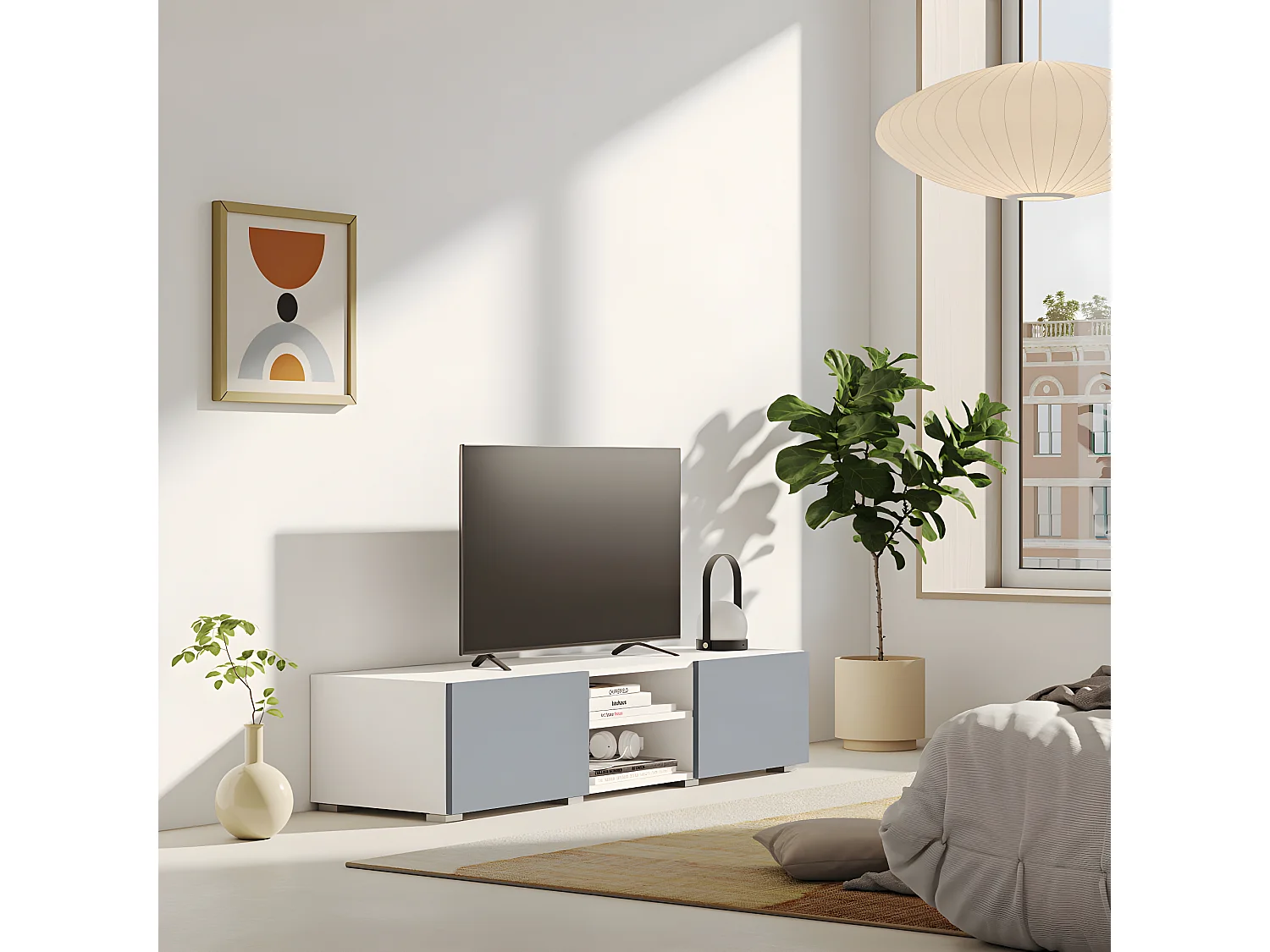 Meuble TV PODIUM 2 niches - blanc et gris céladon - TEMAHOME