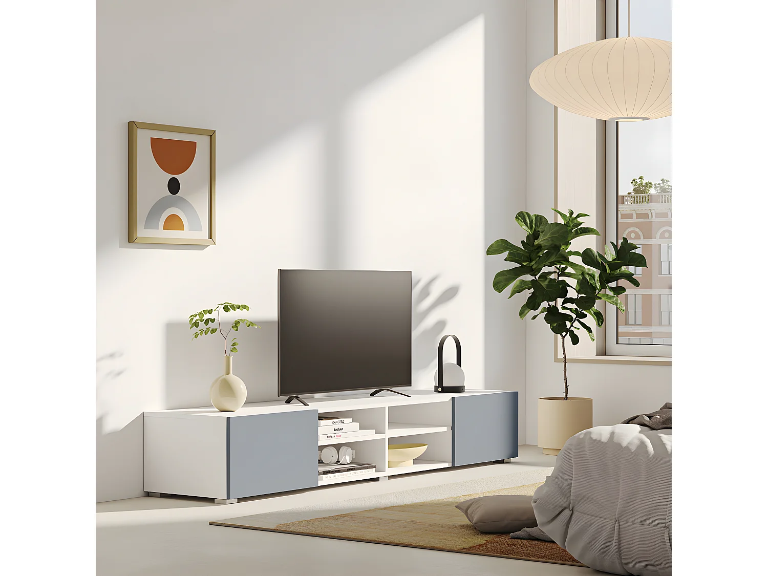 Meuble TV PODIUM 4 niches - blanc et gris céladon - TEMAHOME