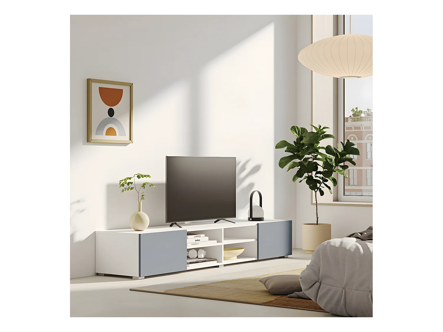 Meuble TV PODIUM 4 niches - blanc et gris céladon - TEMAHOME