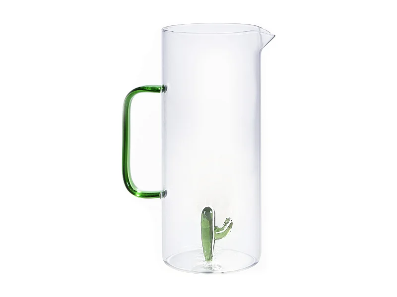 Pichet en verre avec cactus - Transparent et vert - D. 14.5 x H.24 cm - OLATA
