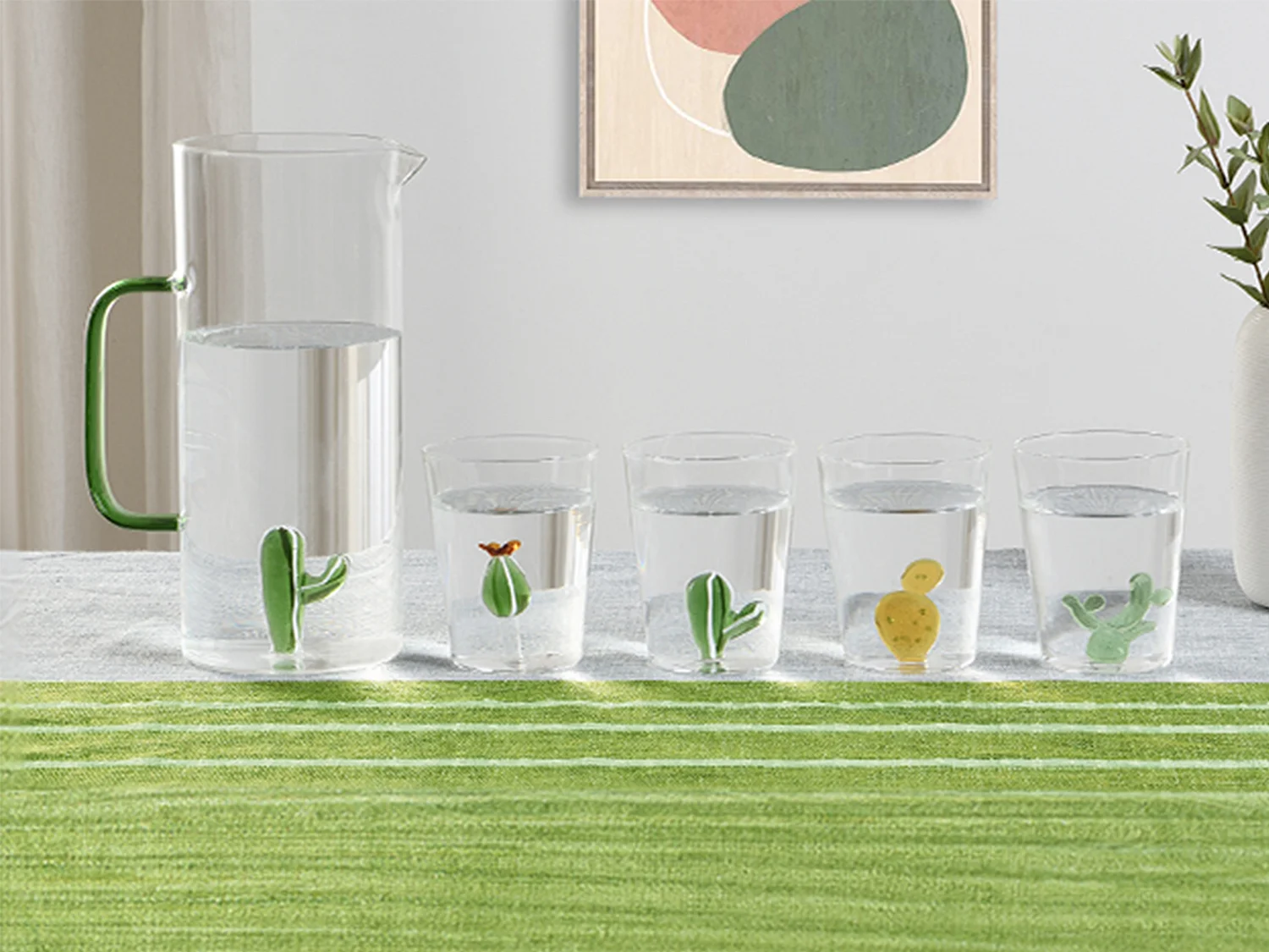 Pichet en verre avec cactus - Transparent et vert - D. 14.5 x H.24 cm - OLATA