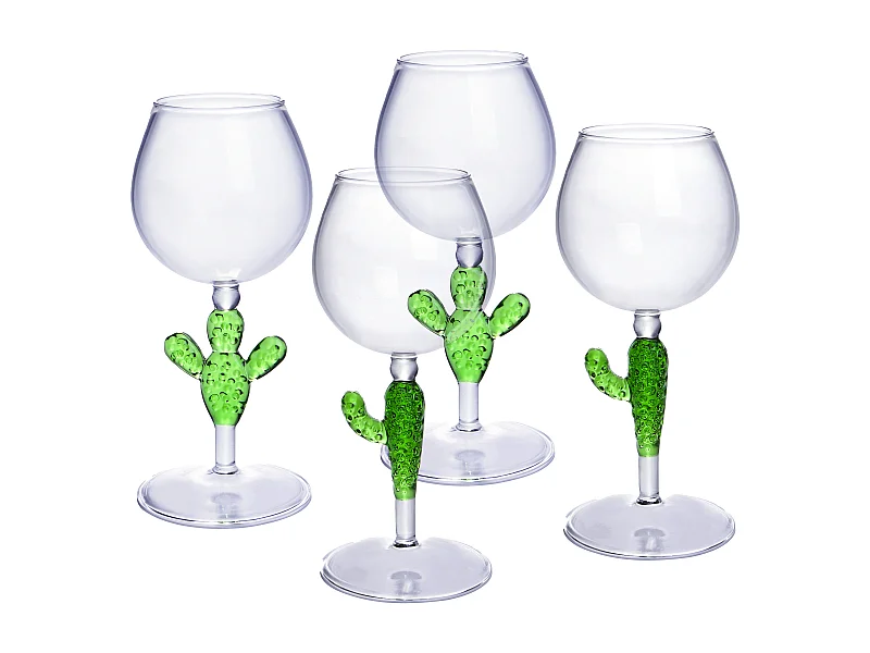 Lot de 4 verres à vin avec pieds cactus - Transparent et vert - D. 8.5  x H . 19.5  cm - GELLIF