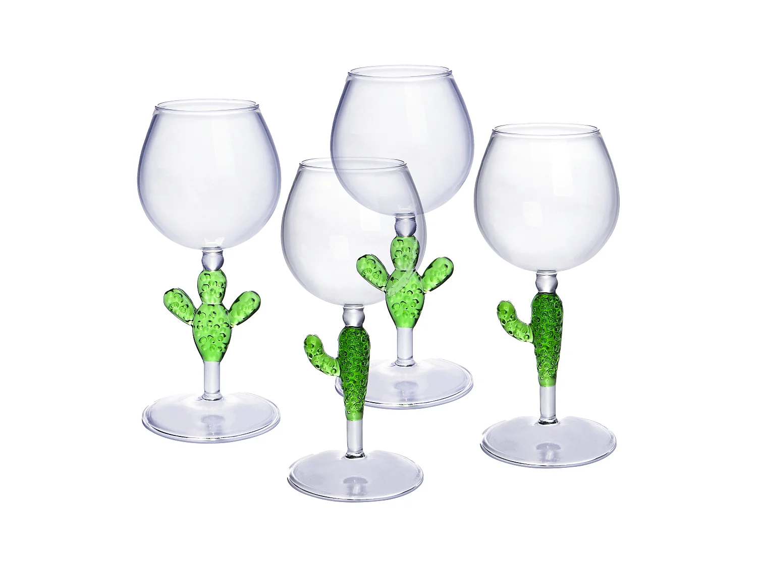 Lot de 4 verres à vin avec pieds cactus - Transparent et vert - D. 8.5  x H . 19.5  cm - GELLIF
