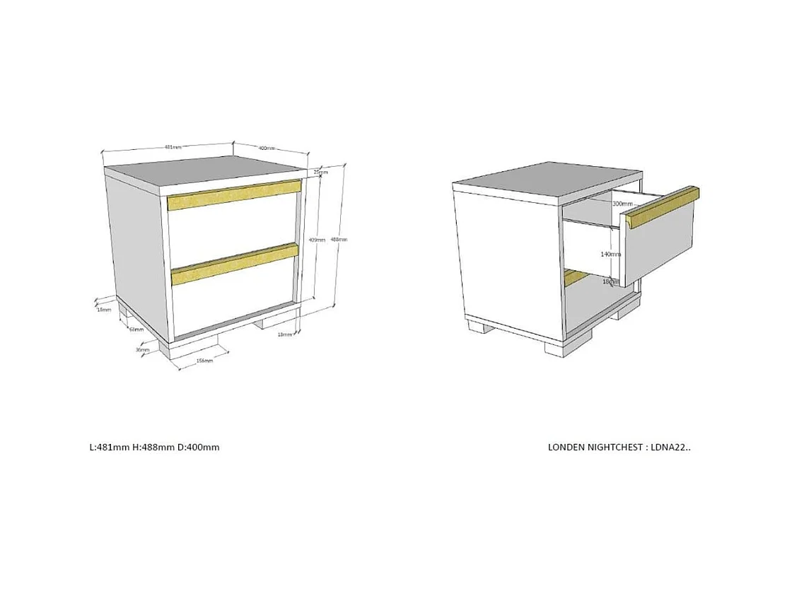 Table de Chevet 2 Tiroirs "London" 48cm Blanc