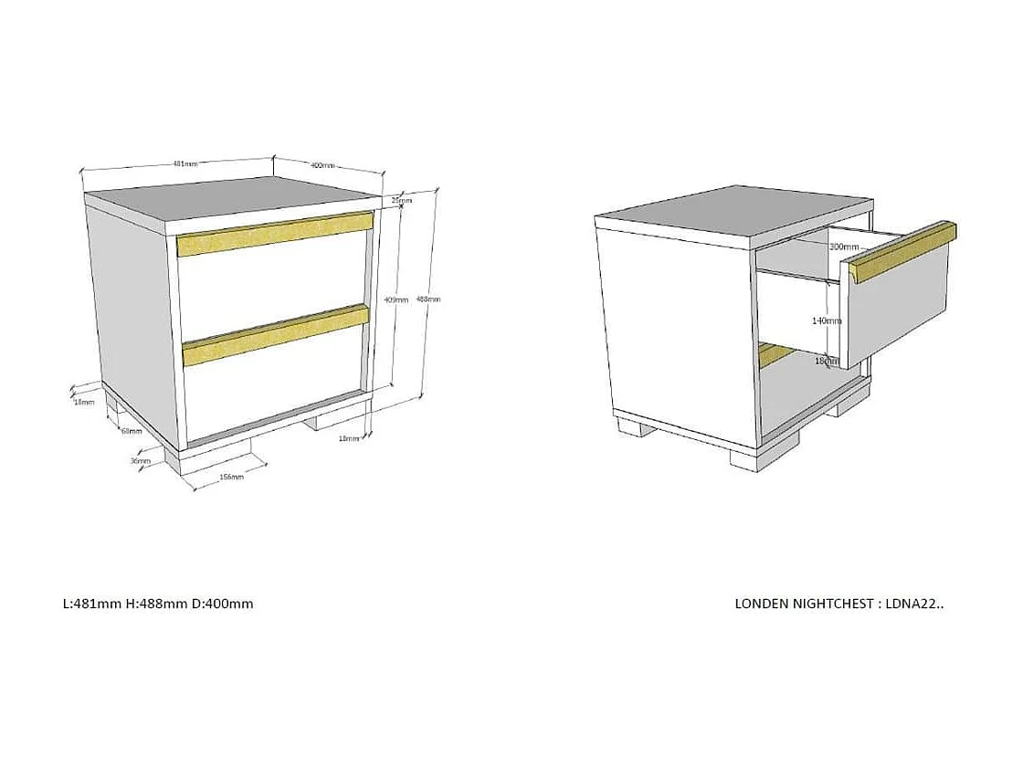 Table de Chevet 2 Tiroirs "London" 48cm Blanc