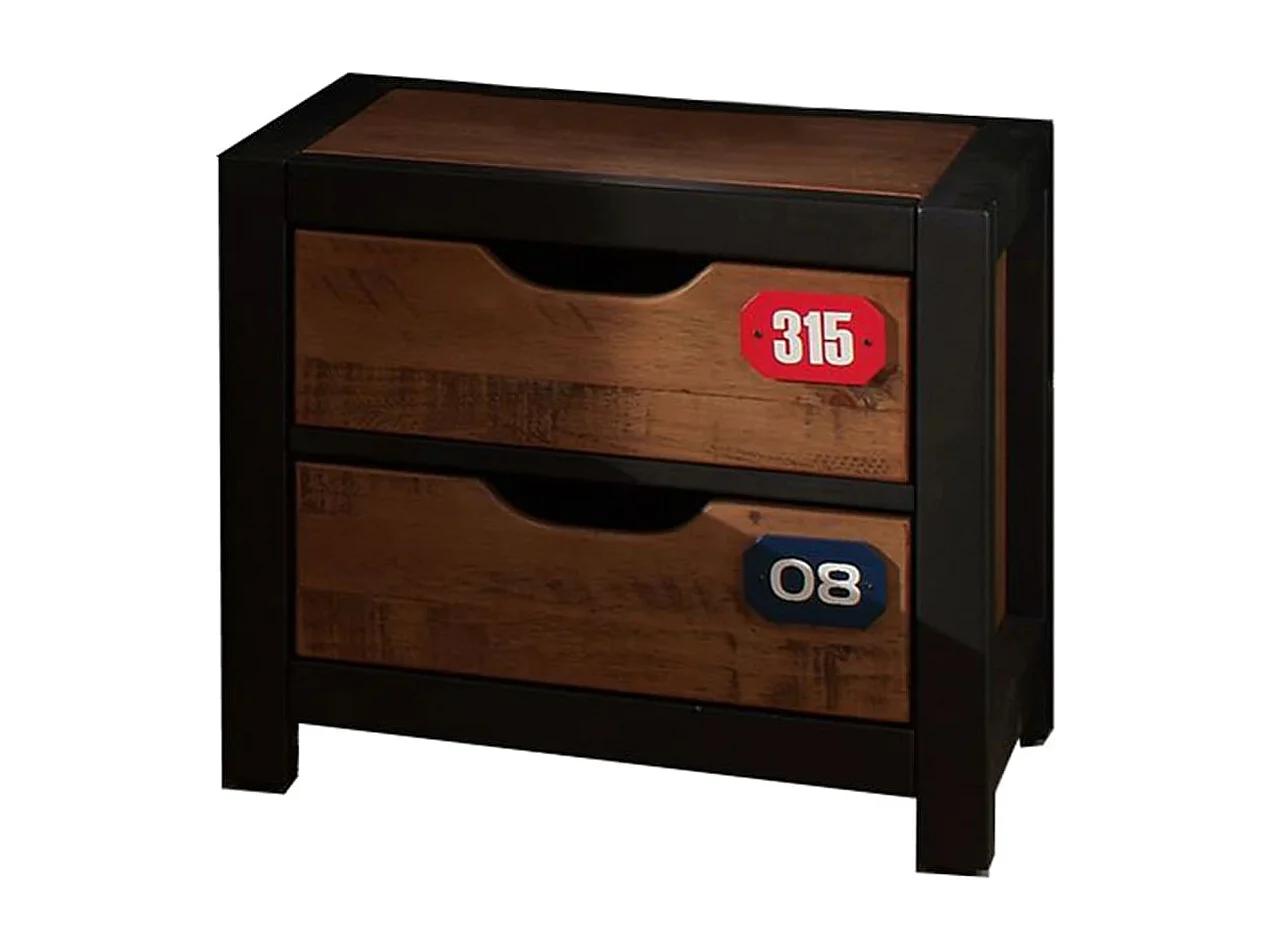 Mesilla de noche de 2 cajones en pino macizo oscuro y Alex negro