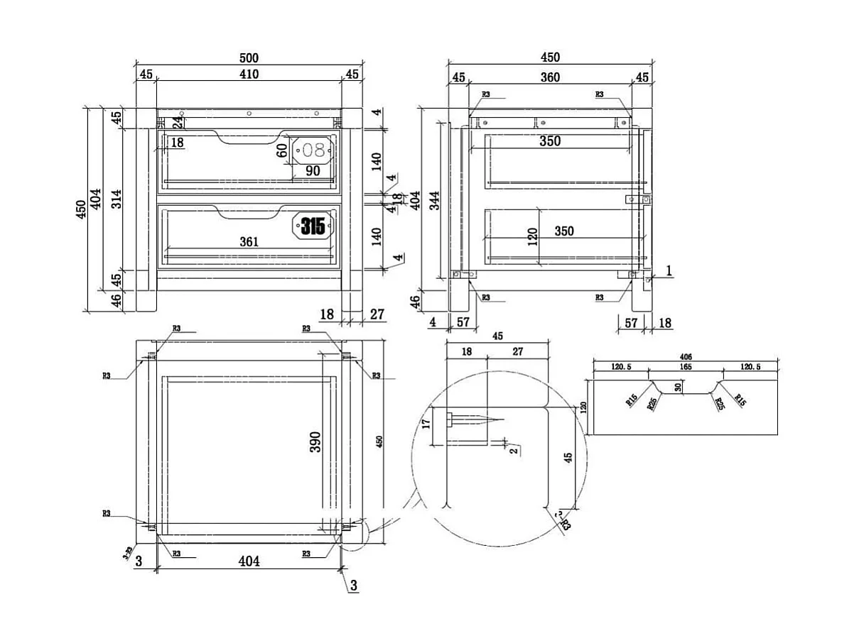 Mesilla de noche de 2 cajones en pino macizo oscuro y Alex negro