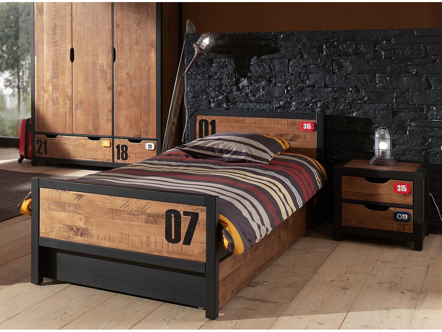 Mesilla de noche de 2 cajones en pino macizo oscuro y Alex negro