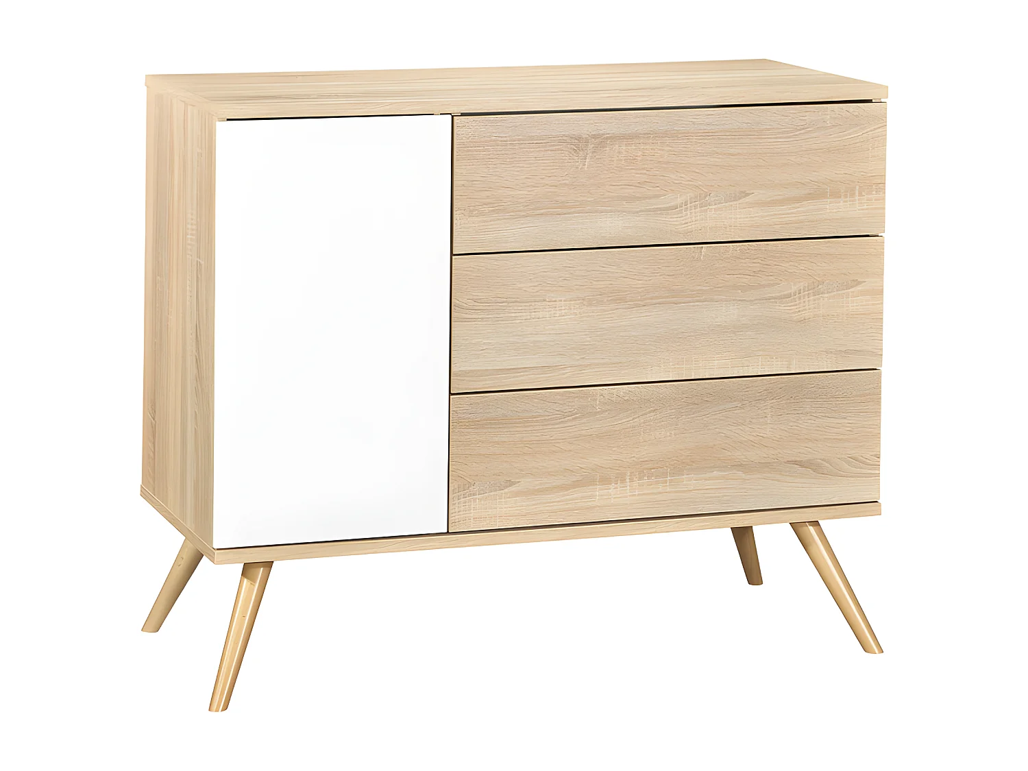 Commode 3 tiroirs 1 porte Seventies Blanc et bois