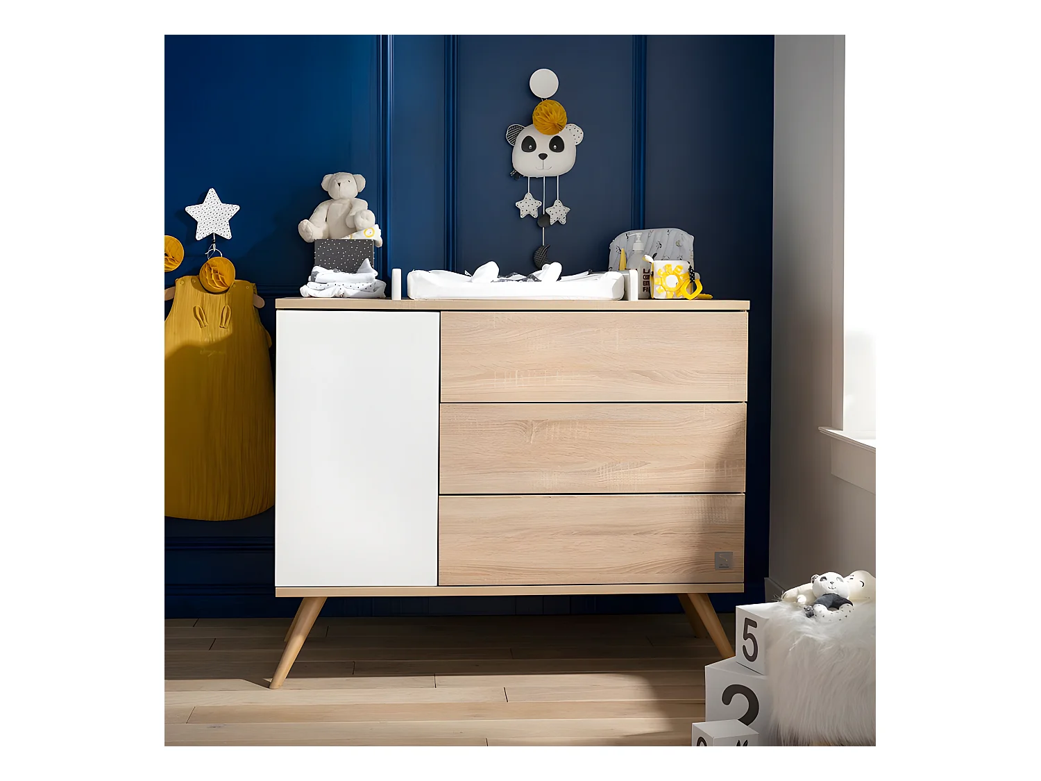 Commode 3 tiroirs 1 porte Seventies Blanc et bois