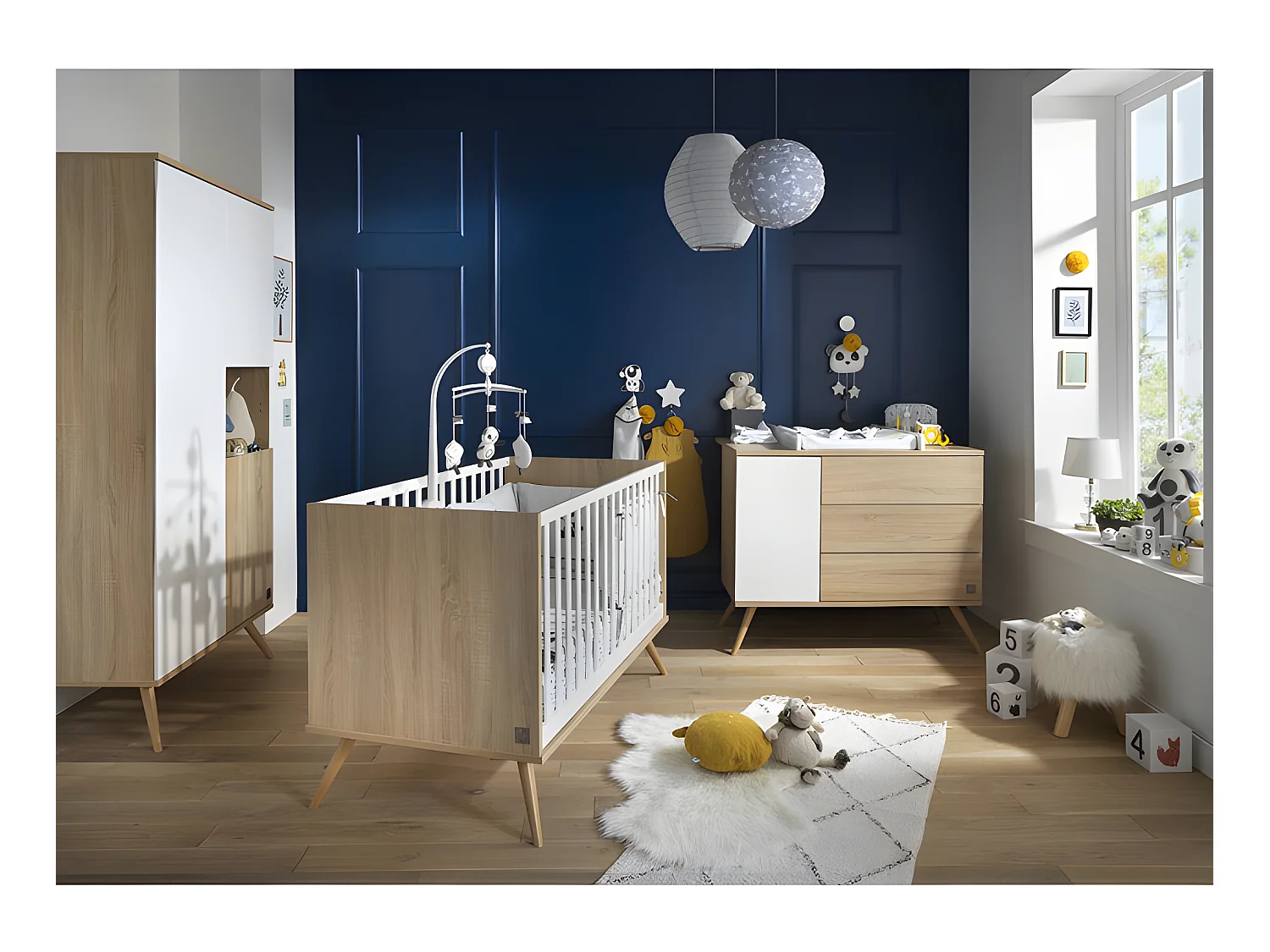 Commode 3 tiroirs 1 porte Seventies Blanc et bois