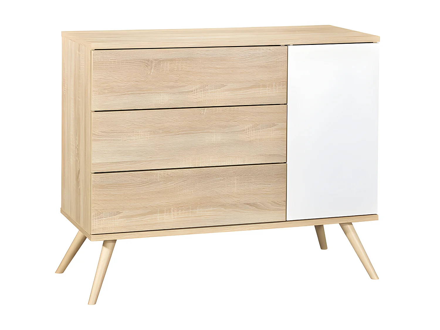 Commode 3 tiroirs 1 porte Seventies Blanc et bois
