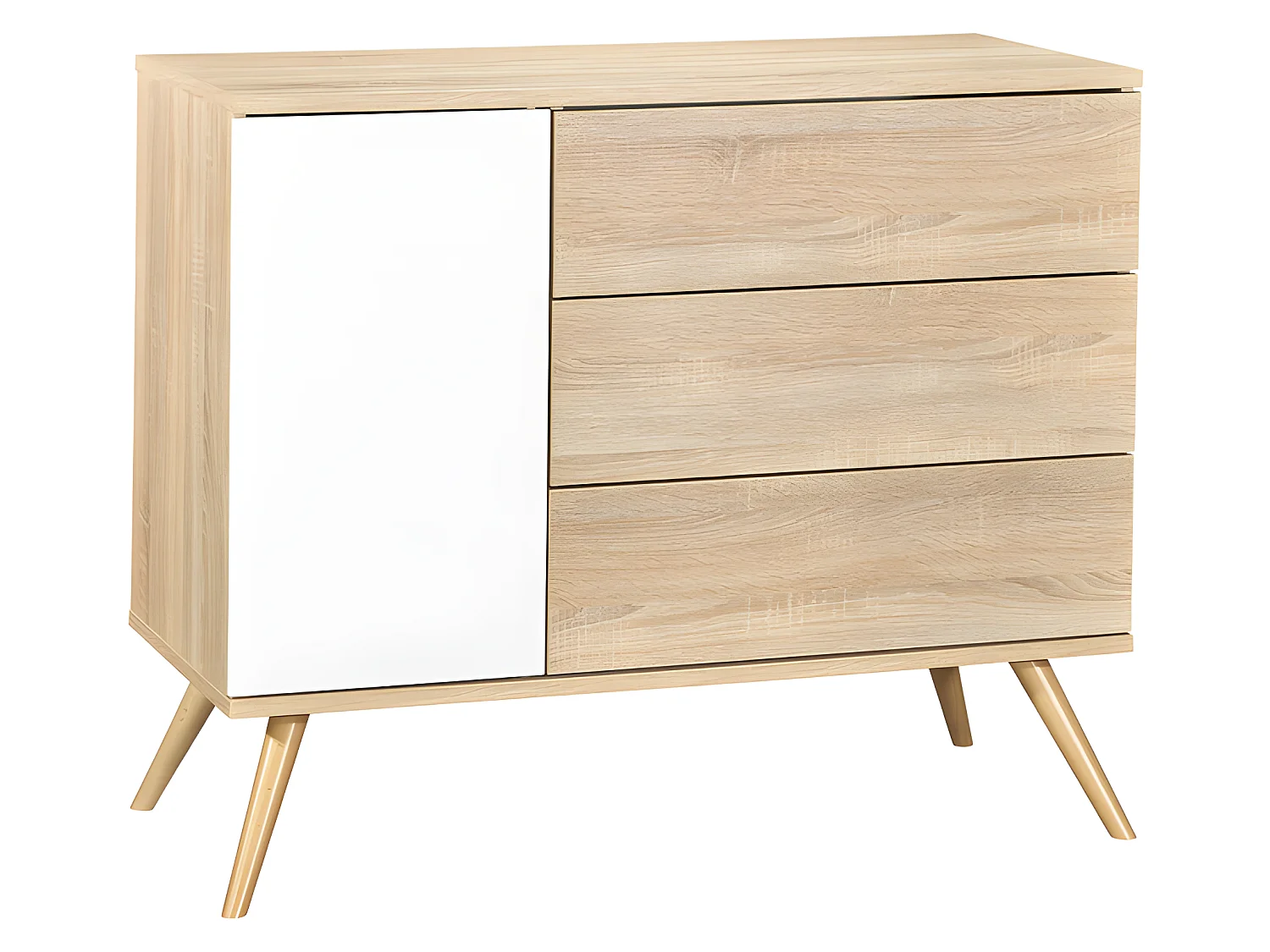 Commode 3 tiroirs 1 porte Seventies Blanc et bois