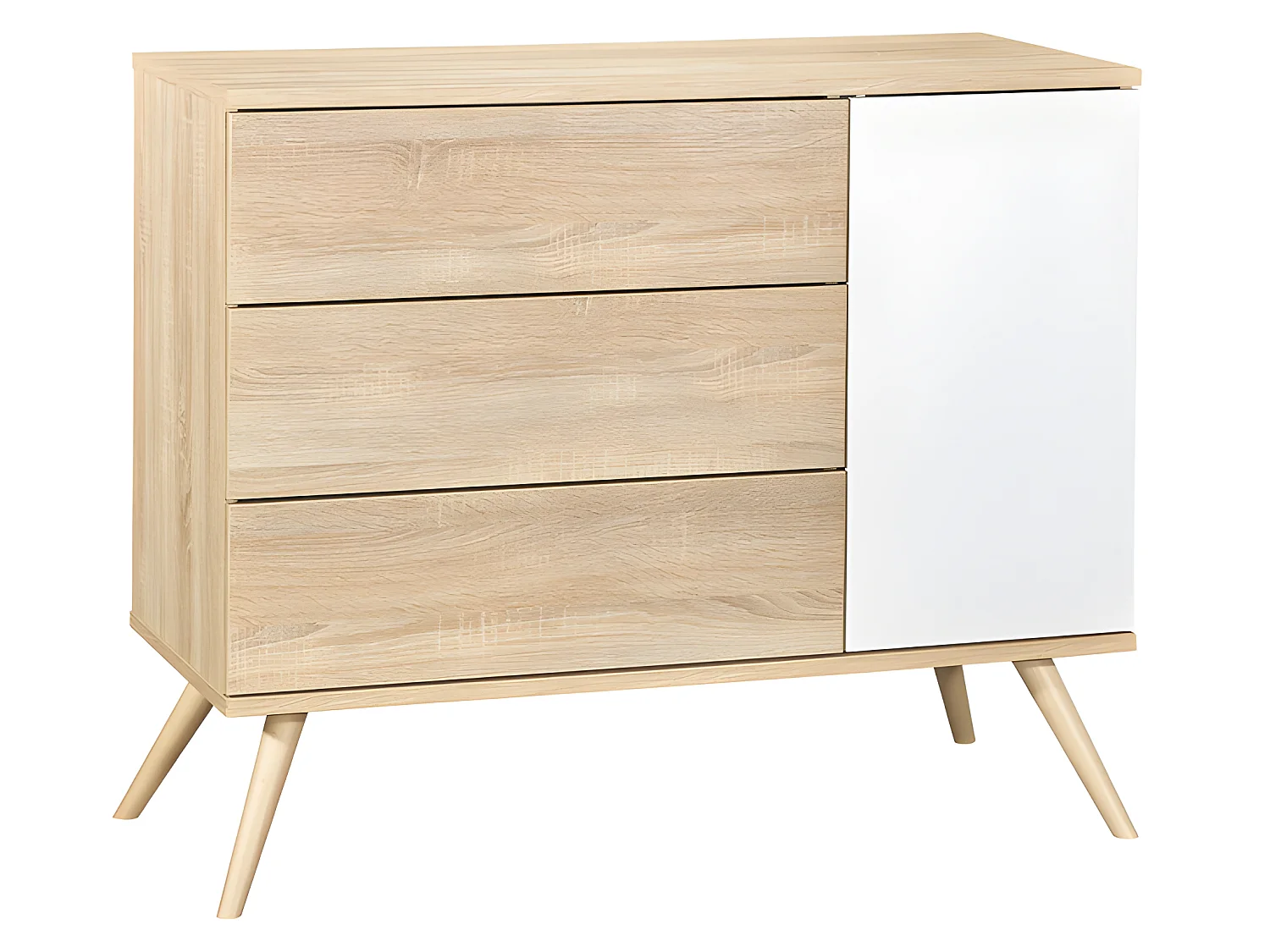Commode 3 tiroirs 1 porte Seventies Blanc et bois