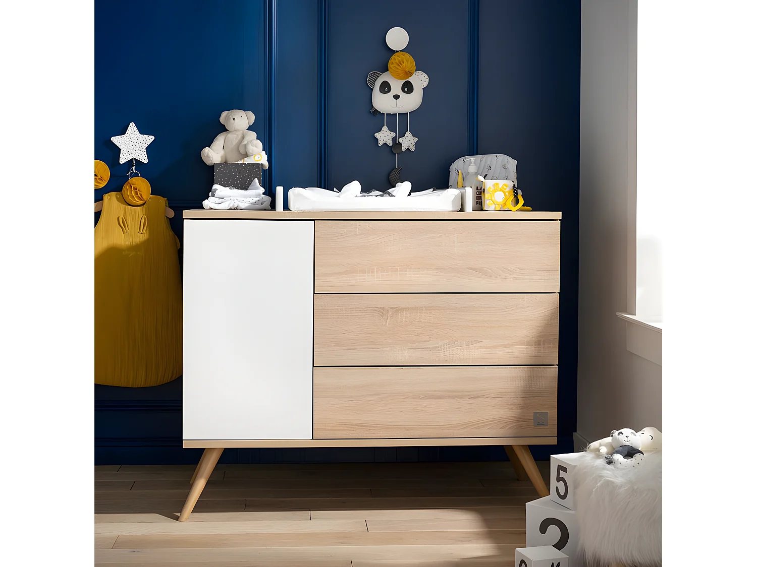 Commode 3 tiroirs 1 porte Seventies Blanc et bois