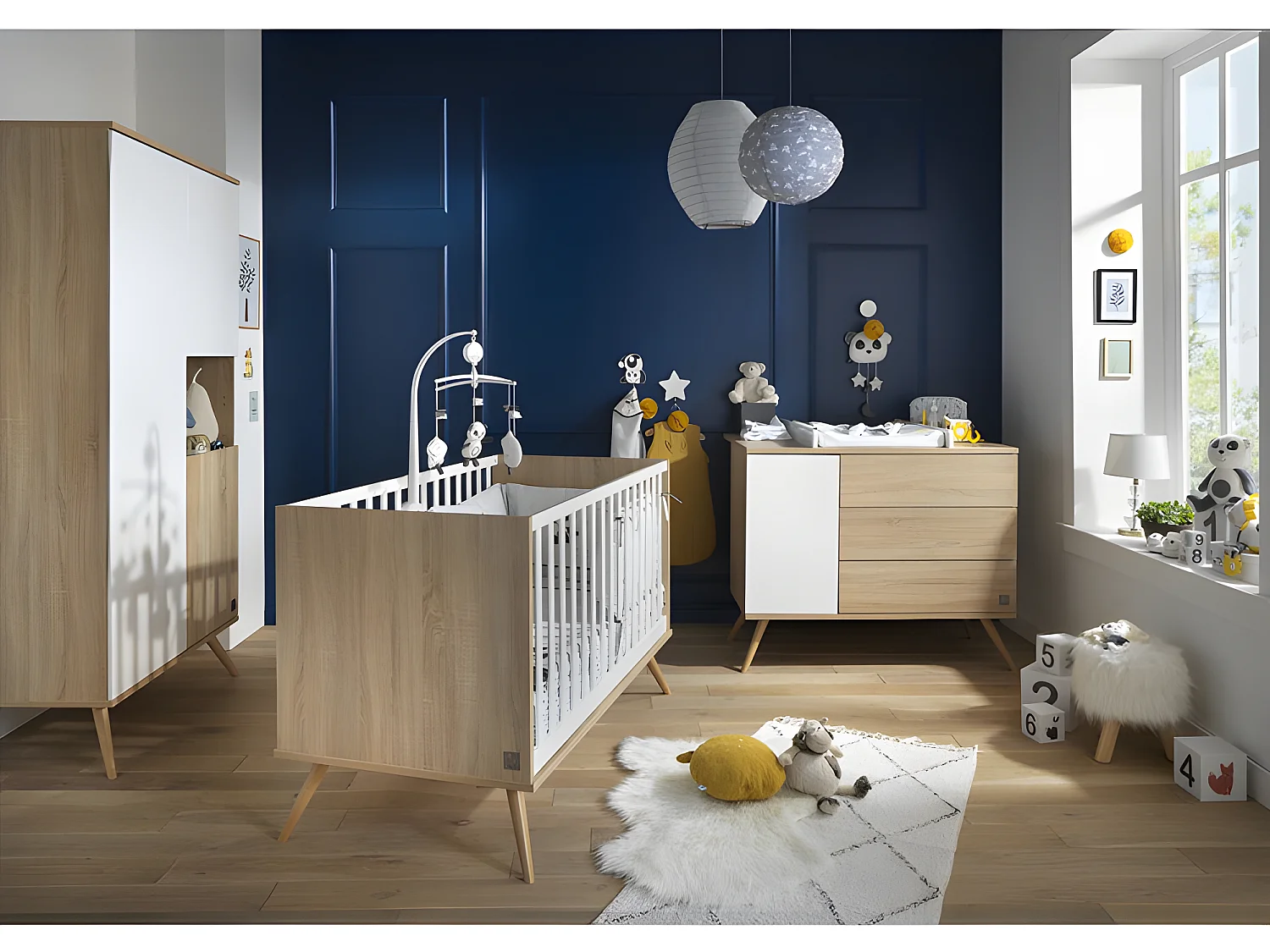 Commode 3 tiroirs 1 porte Seventies Blanc et bois