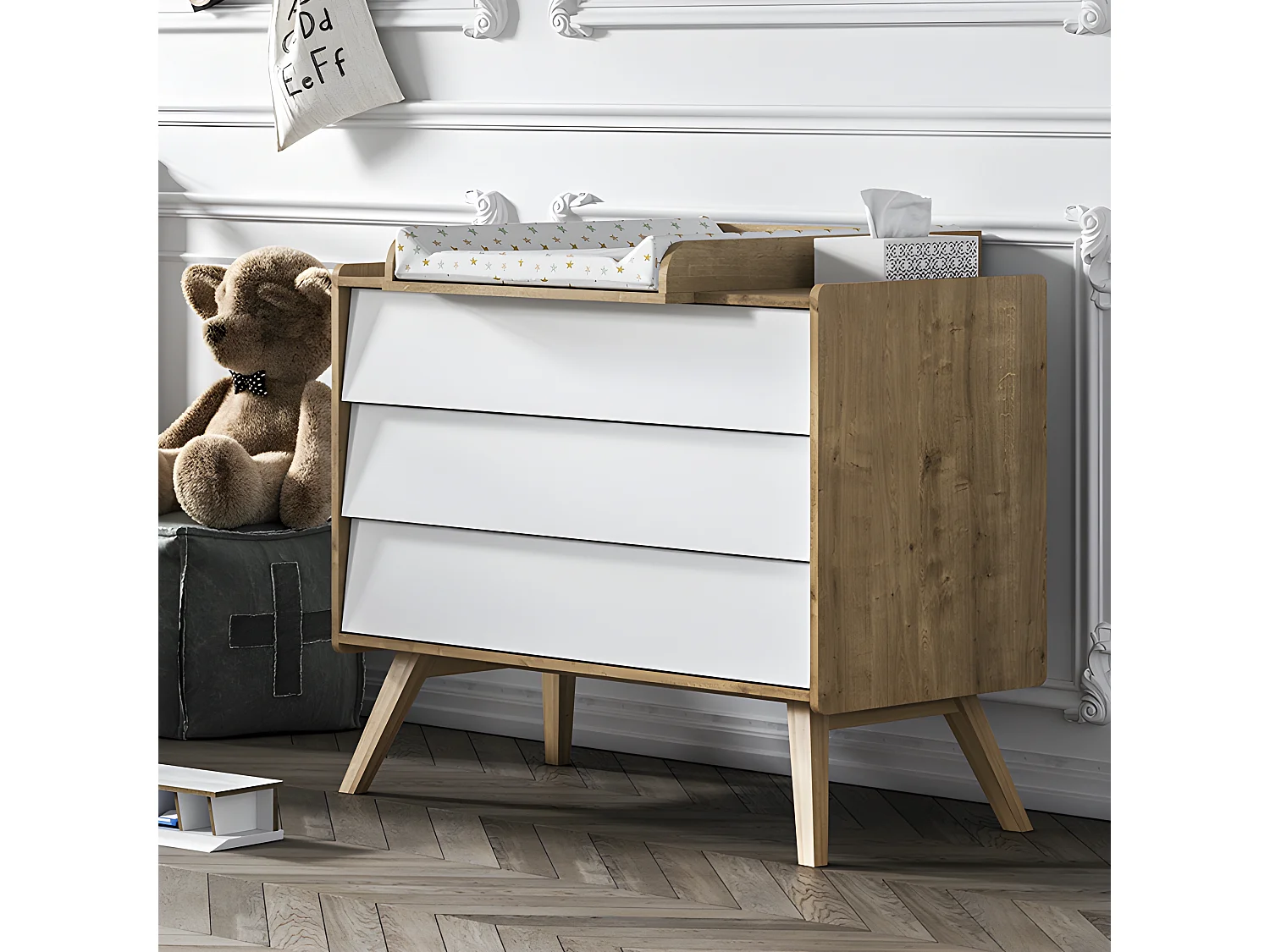 Commode 3 tiroirs Vintage Bois Blanc