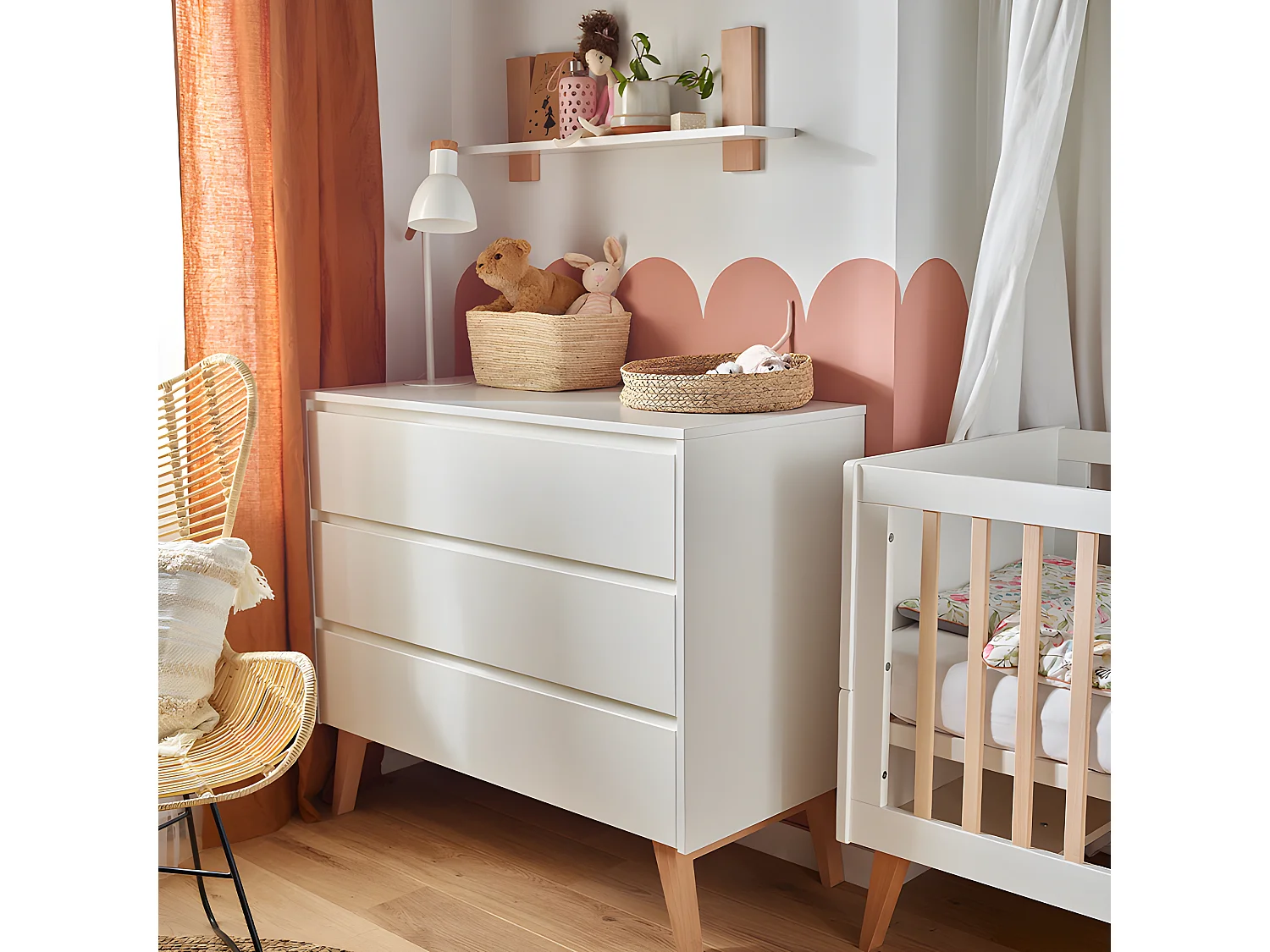 Commode 3 tiroirs Swing - Blanc et bois