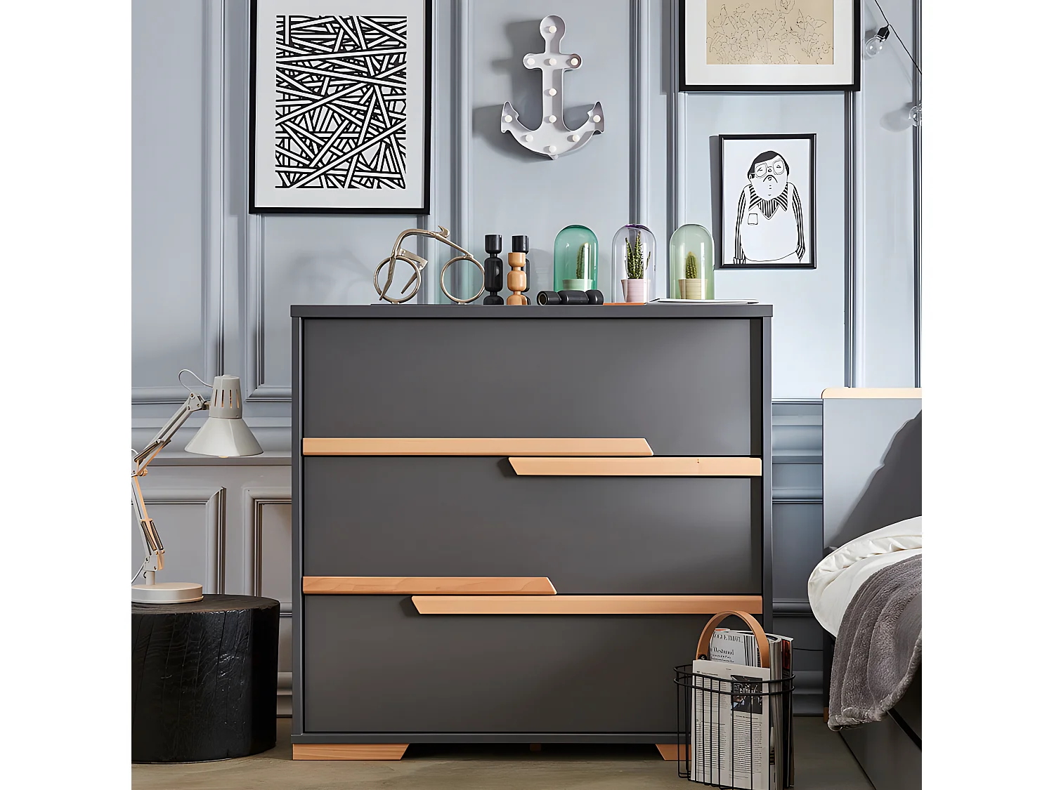 Commode 3 tiroirs Snap Gris et bois