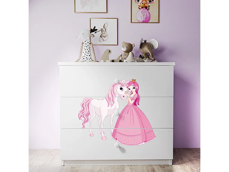 Komoda dziecięca 3 szuflady Babydream Księżniczka i koń, biała, panele laminowane 18 mm, nowoczesny design