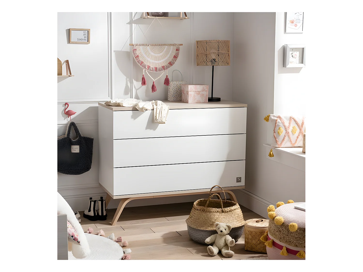 Commode 3 tiroirs Serena Blanc et bois