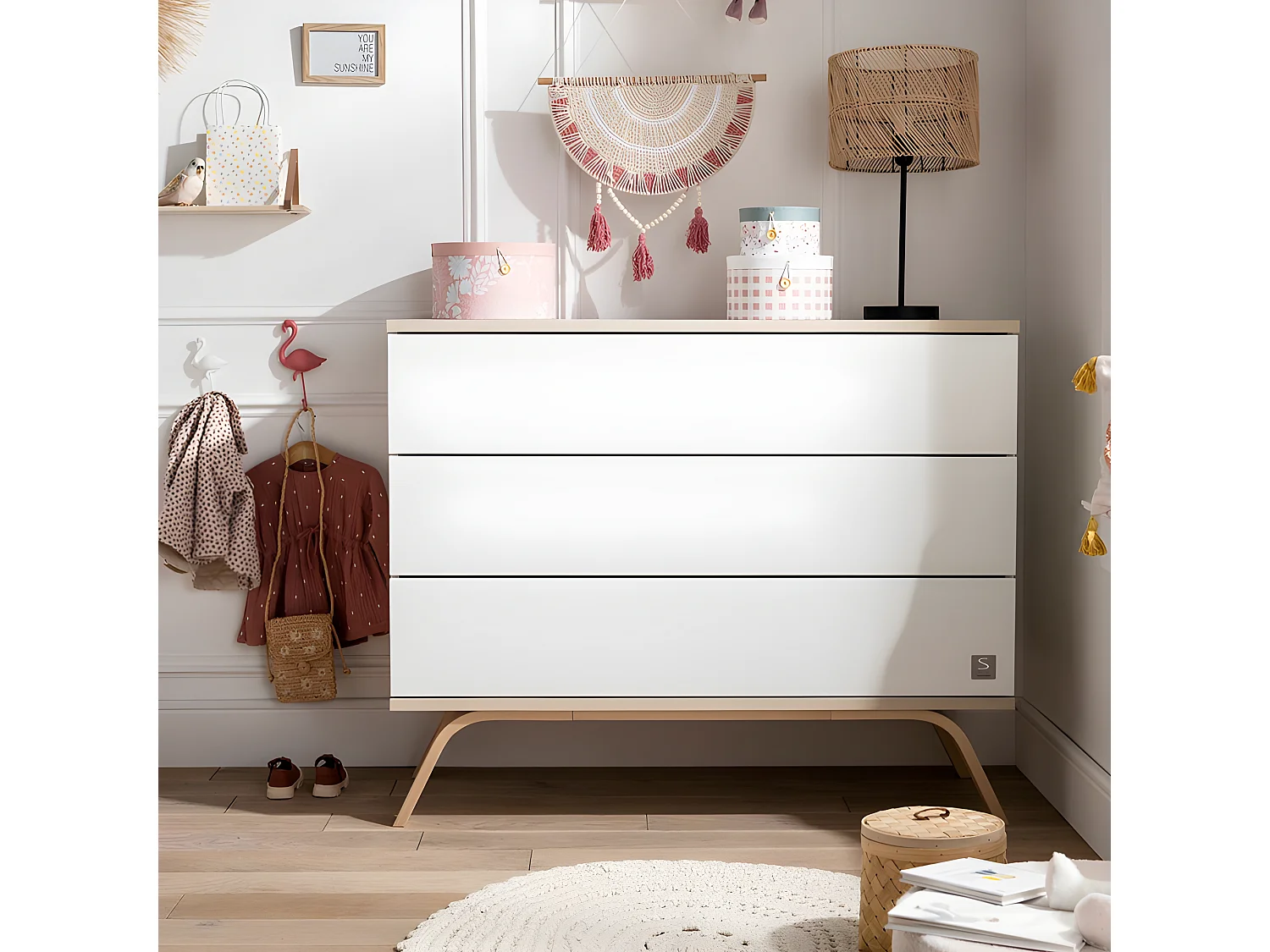 Commode 3 tiroirs Serena Blanc et bois