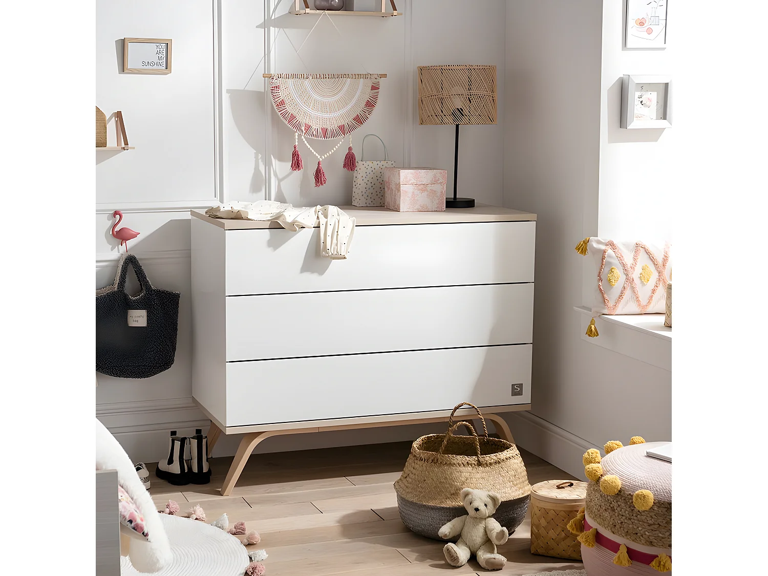 Commode 3 tiroirs Serena Blanc et bois