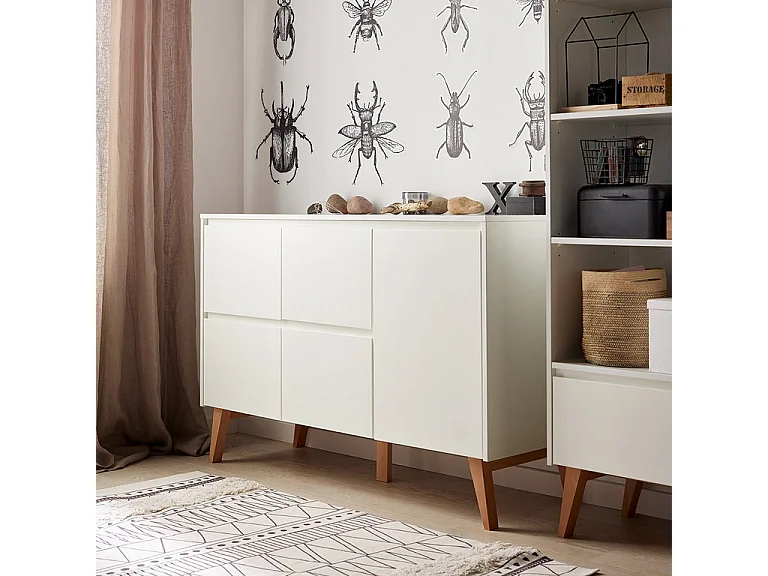 Commode 4 tiroirs 1 porte Swing - Blanc et bois