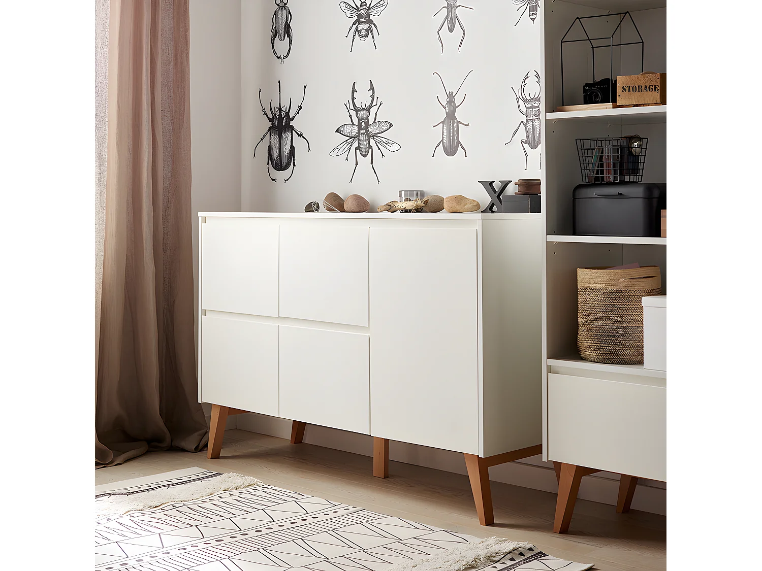 Commode 4 tiroirs 1 porte Swing - Blanc et bois