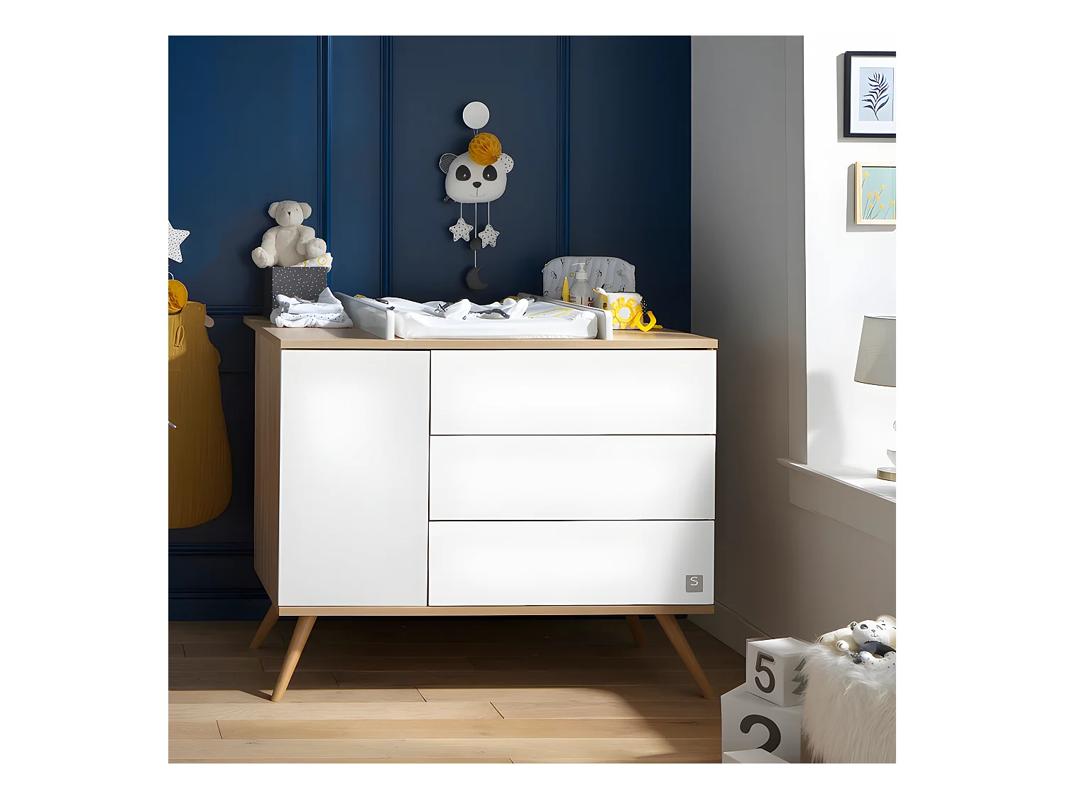 Commode 3 tiroirs 1 porte Seventies Bois et blanc