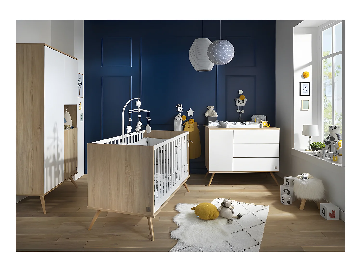 Commode 3 tiroirs 1 porte Seventies Bois et blanc