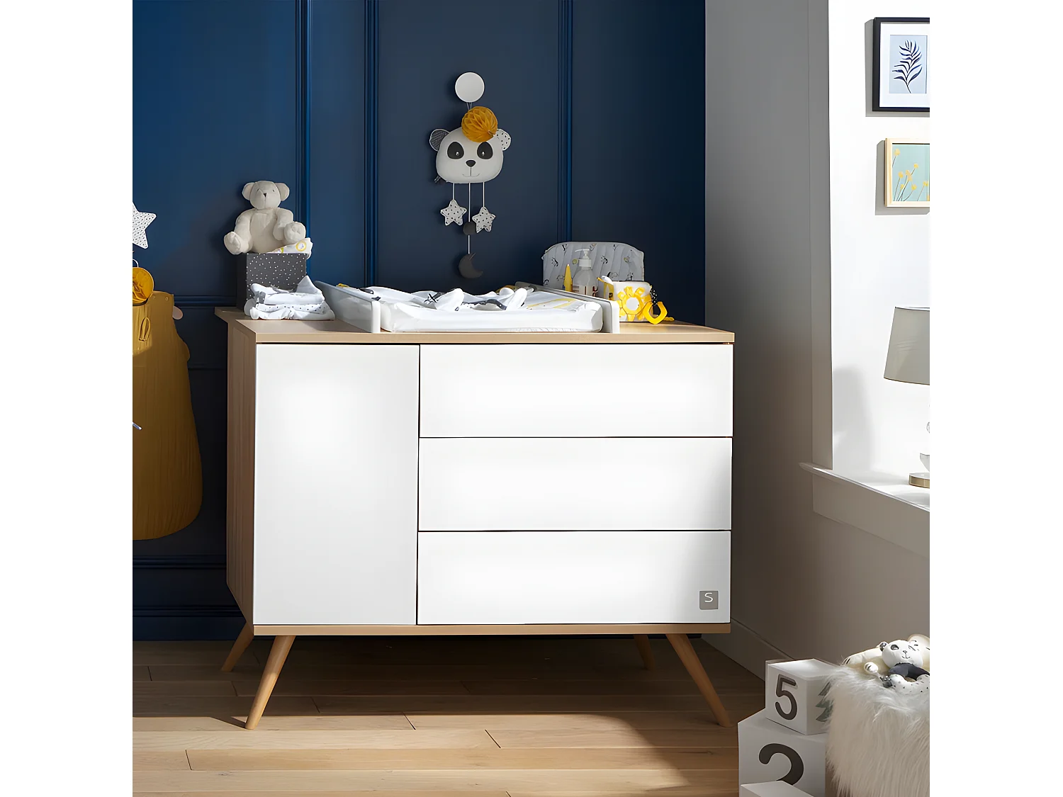 Commode 3 tiroirs 1 porte Seventies Bois et blanc